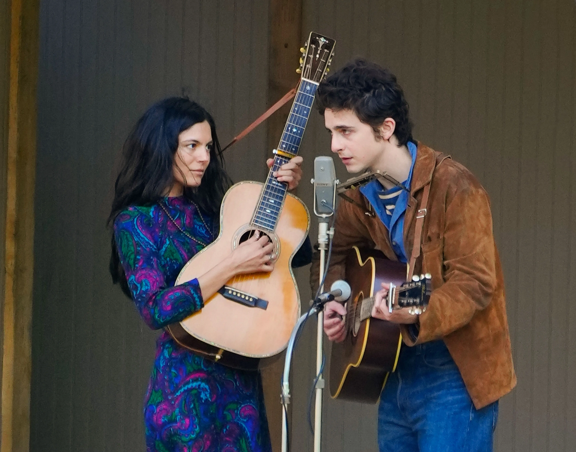 Timothée Chalamet and Monica Barbaro in A Complete Unknown (2024)