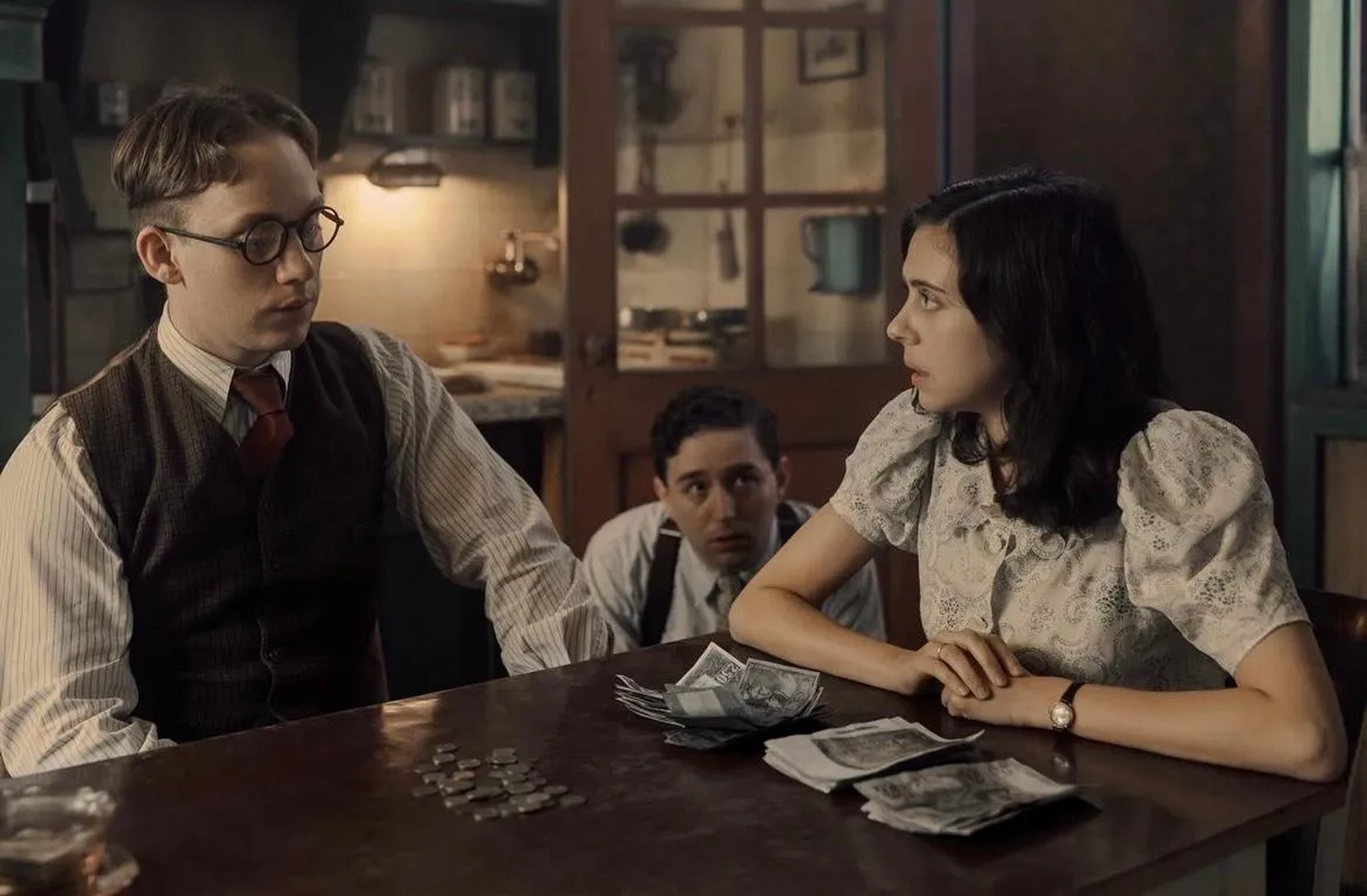 Preston Nyman, Bel Powley, and Joe Cole in A Small Light (2023)