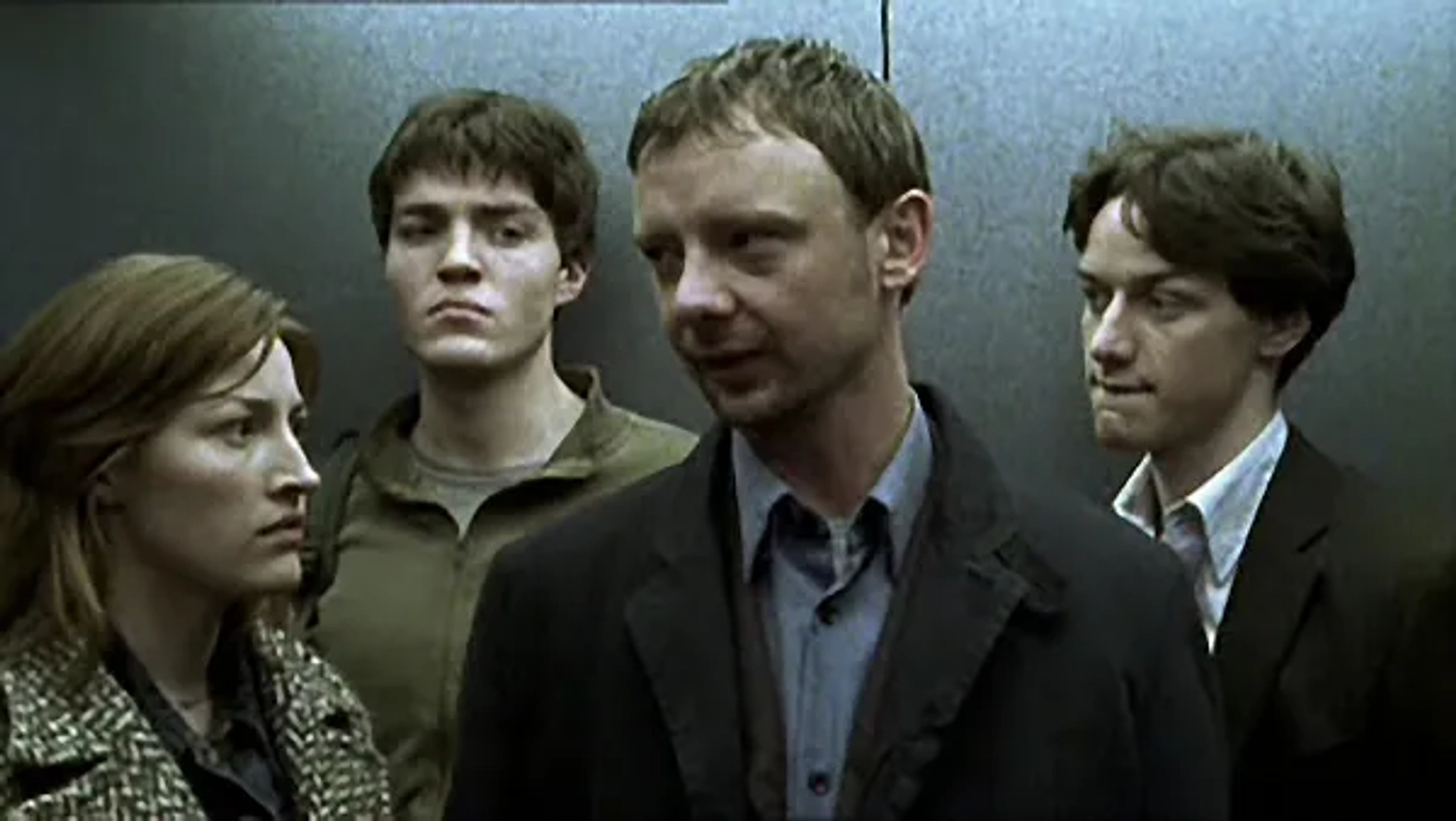 Tom Burke, Kelly Macdonald, James McAvoy, and John Simm in State of Play (2003)