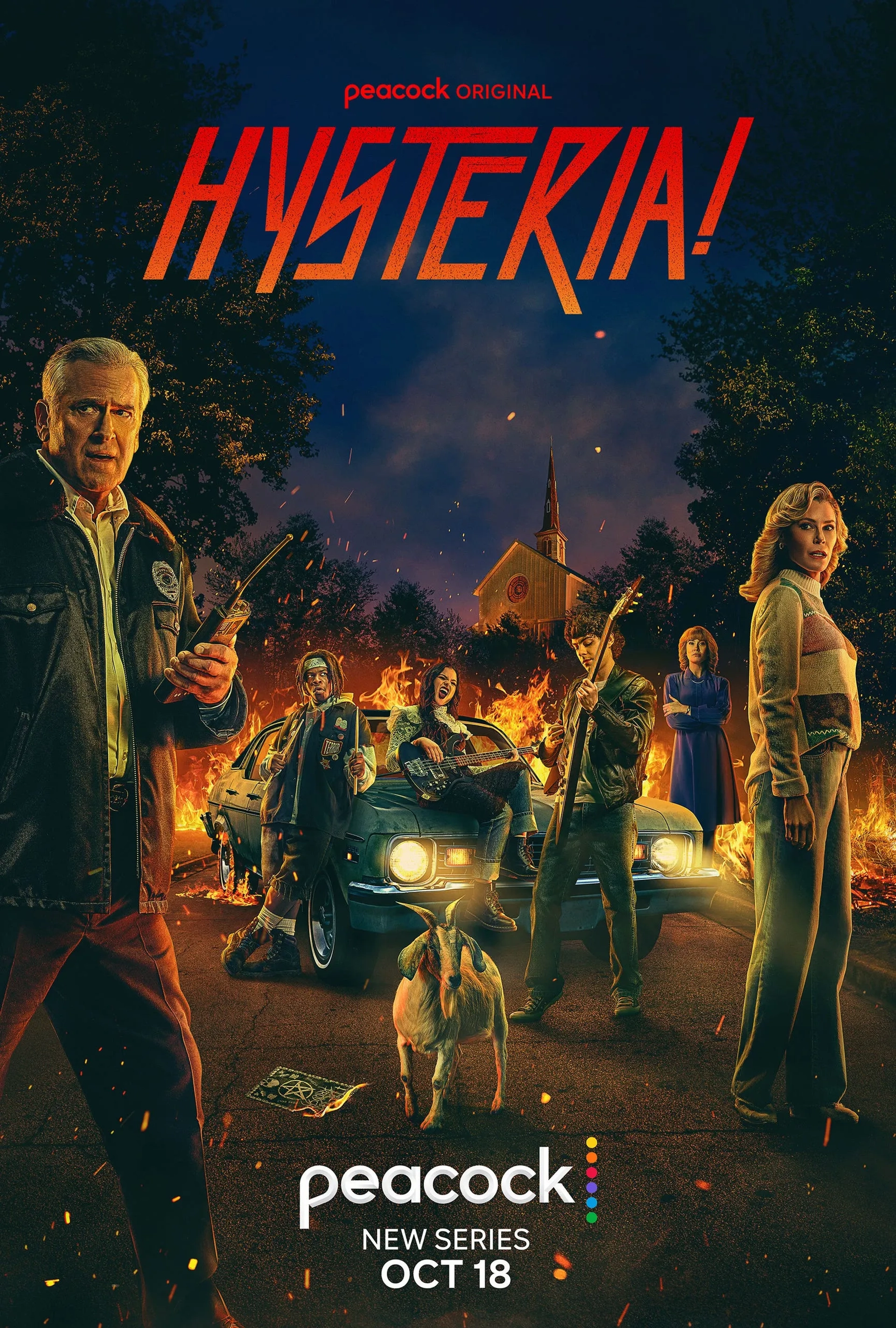 Julie Bowen, Bruce Campbell, Anna Camp, Emjay Anthony, Chiara Aurelia, Kezii Curtis, and Johann Mikaiel in Hysteria! (2024)