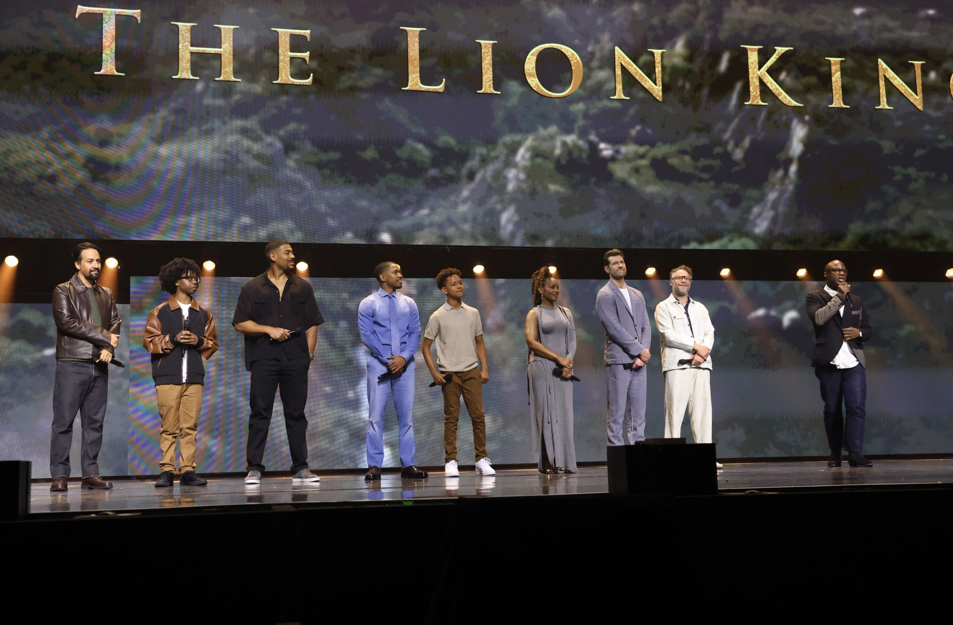 Lin-Manuel Miranda, Seth Rogen, Anika Noni Rose, Theo Somolu, Barry Jenkins, Billy Eichner, Kelvin Harrison Jr., Aaron Pierre, and Braelyn Rankins at an event for Mufasa: The Lion King (2024)