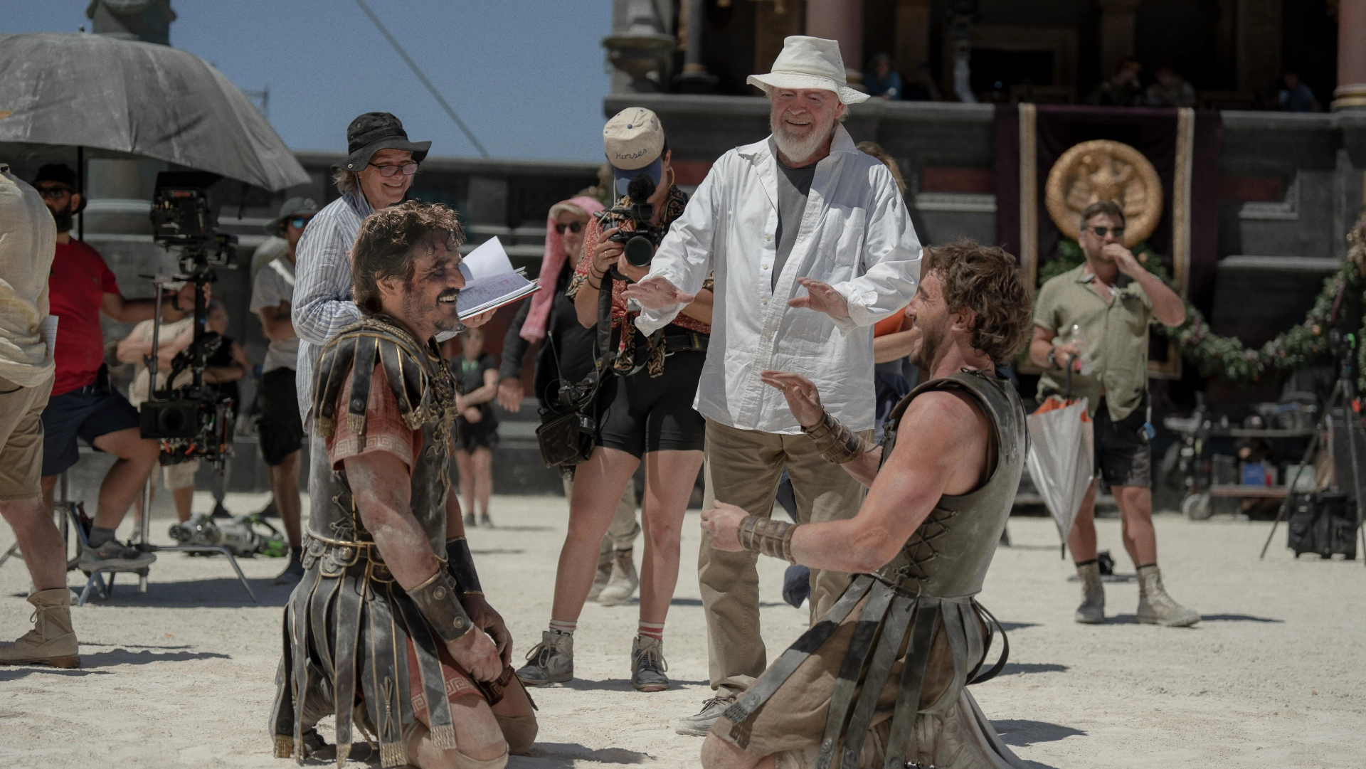 Ridley Scott, Pedro Pascal, and Paul Mescal in Gladiator II (2024)