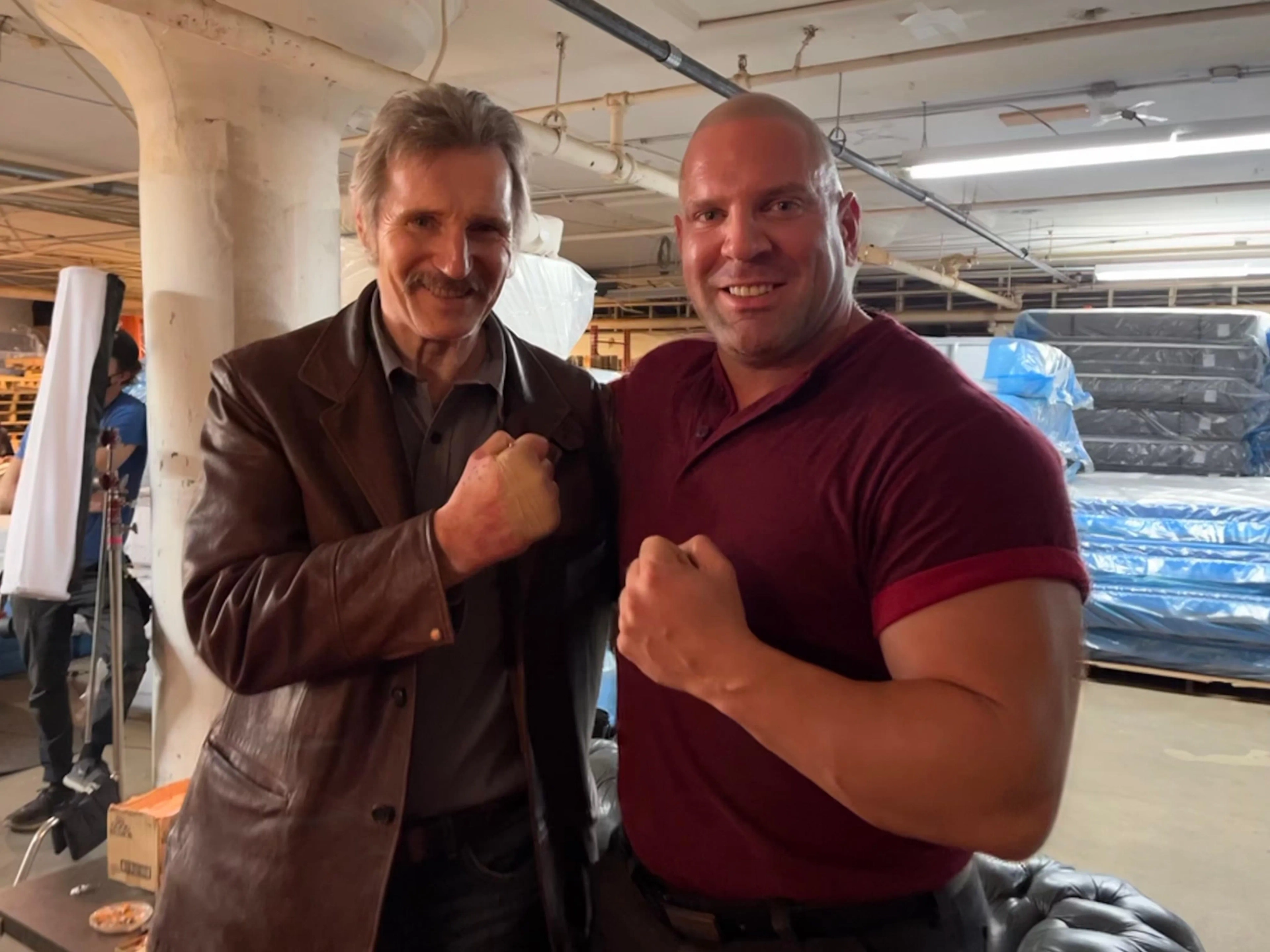 Liam Neeson and Levon Panek on set of “Absolution” in Boston