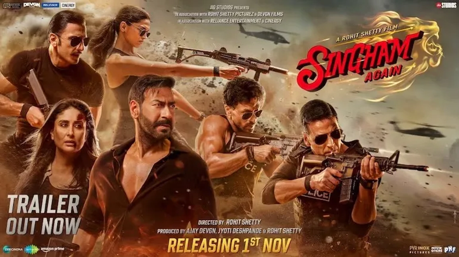 Kareena Kapoor, Ajay Devgn, Akshay Kumar, Deepika Padukone, Ranveer Singh, and Tiger Shroff in Singham Again (2024)
