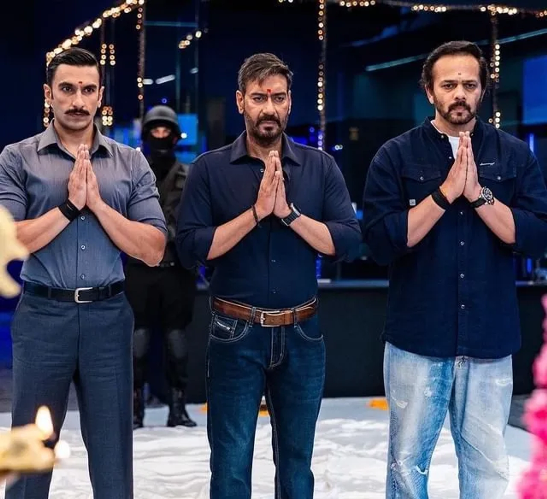 Ajay Devgn, Rohit Shetty, and Ranveer Singh in Singham Again (2024)