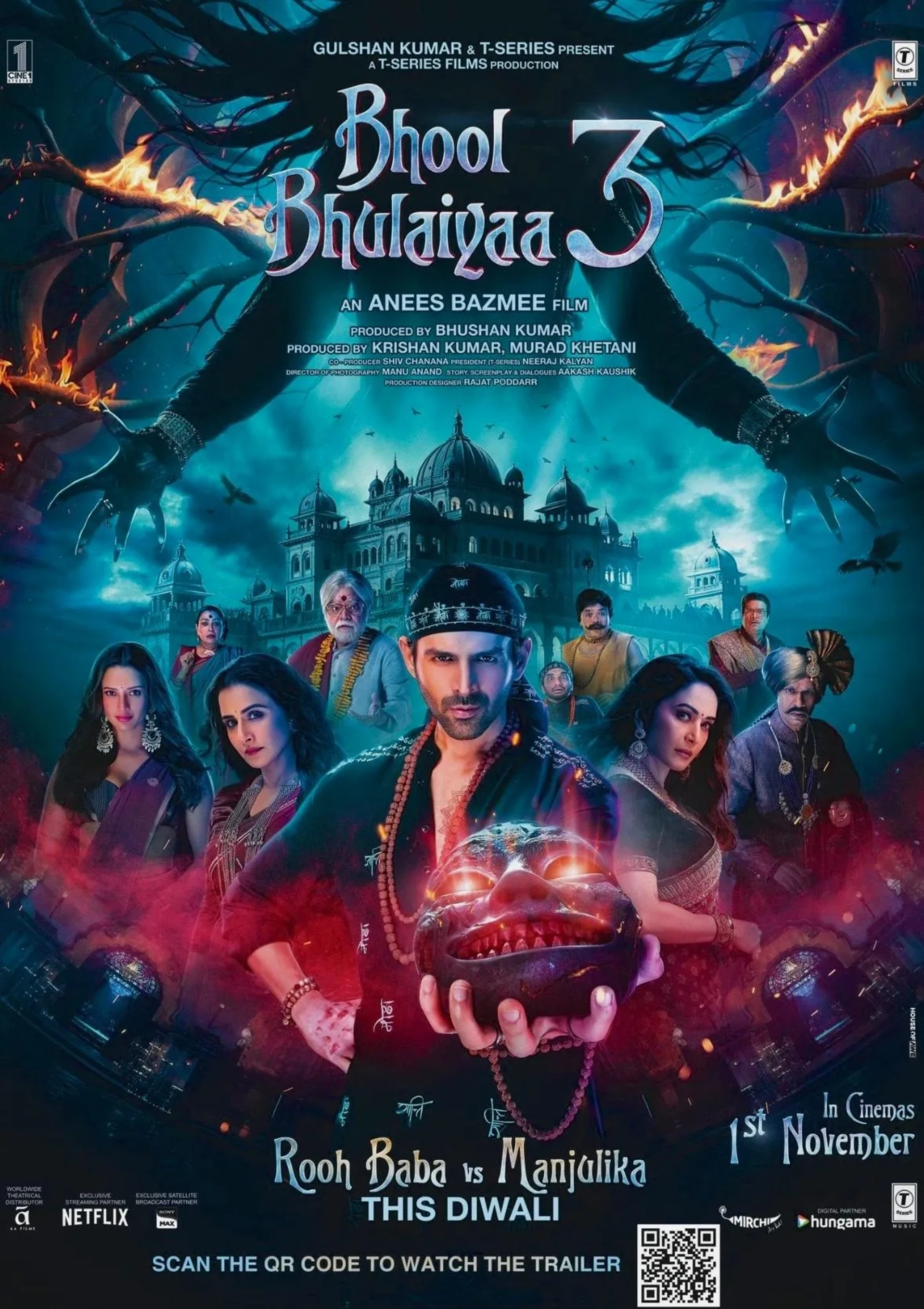 Madhuri Dixit, Sanjay Mishra, Vijay Raaz, Rajesh Sharma, Rajpal Naurang Yadav, Vidya Balan, Ashwini Kalsekar, Kartik Aaryan, Triptii Dimri, and Arun Kushwah in Bhool Bhulaiyaa 3 (2024)
