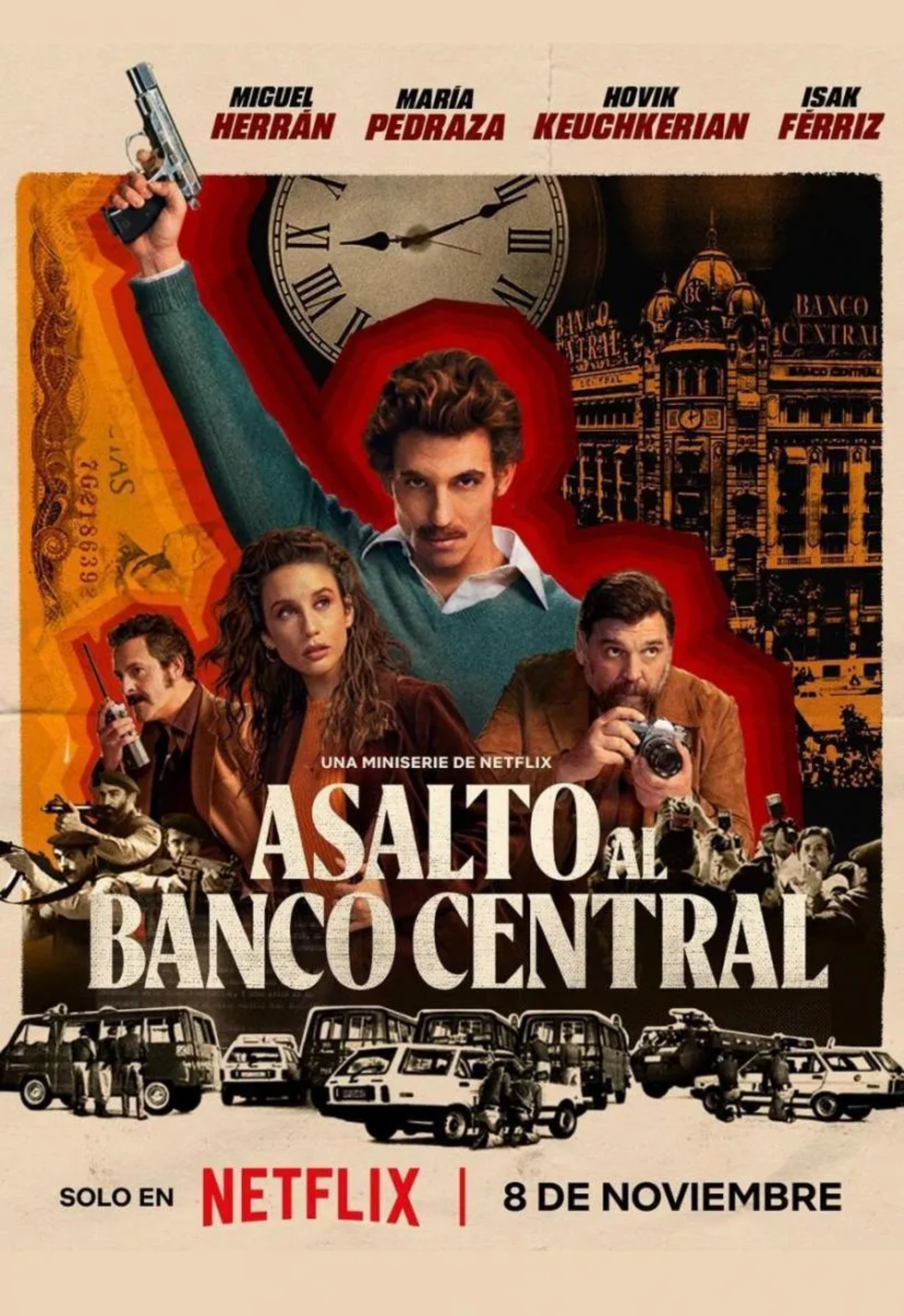 Isak Férriz, Hovik Keuchkerian, Miguel Herrán, and María Pedraza in Bank Under Siege (2024)