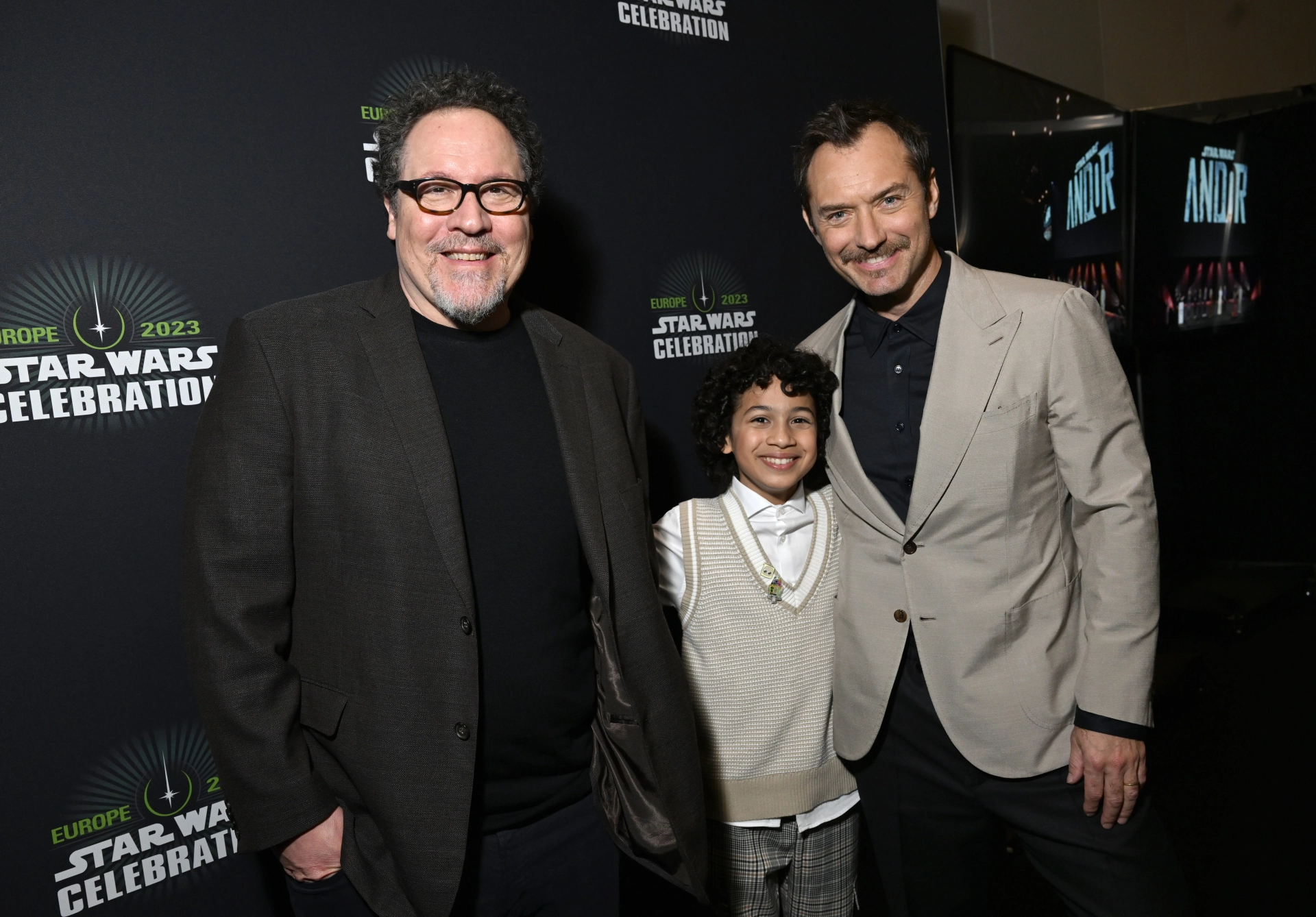 Jude Law, Jon Favreau, and Ravi Cabot-Conyers at an event for Star Wars: Skeleton Crew (2024)