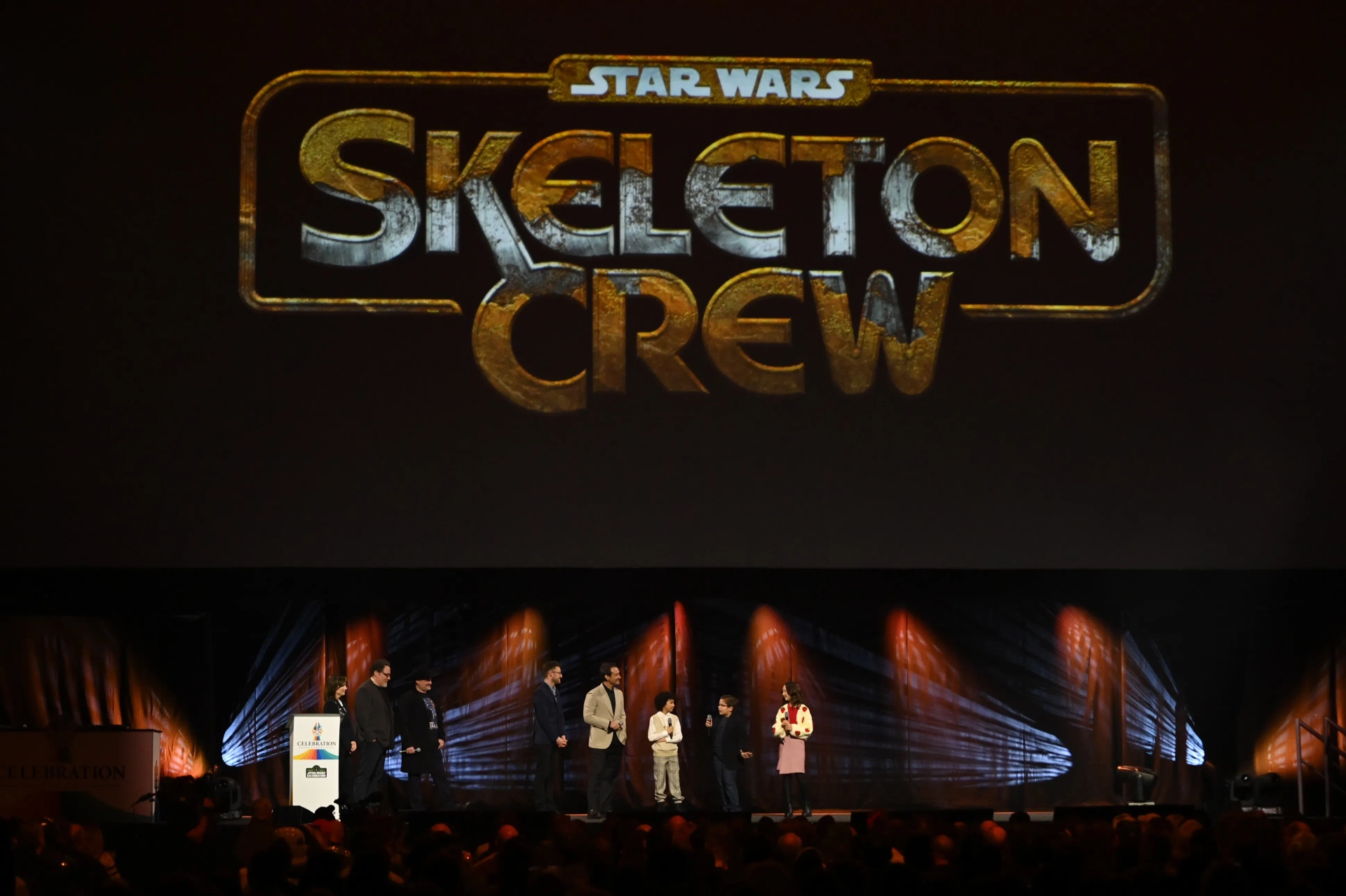 Jude Law, Kathleen Kennedy, Jon Favreau, Kyriana Kratter, Dave Filoni, Ravi Cabot-Conyers, Ali Plumb, and Robert Timothy Smith at an event for Star Wars: Skeleton Crew (2024)