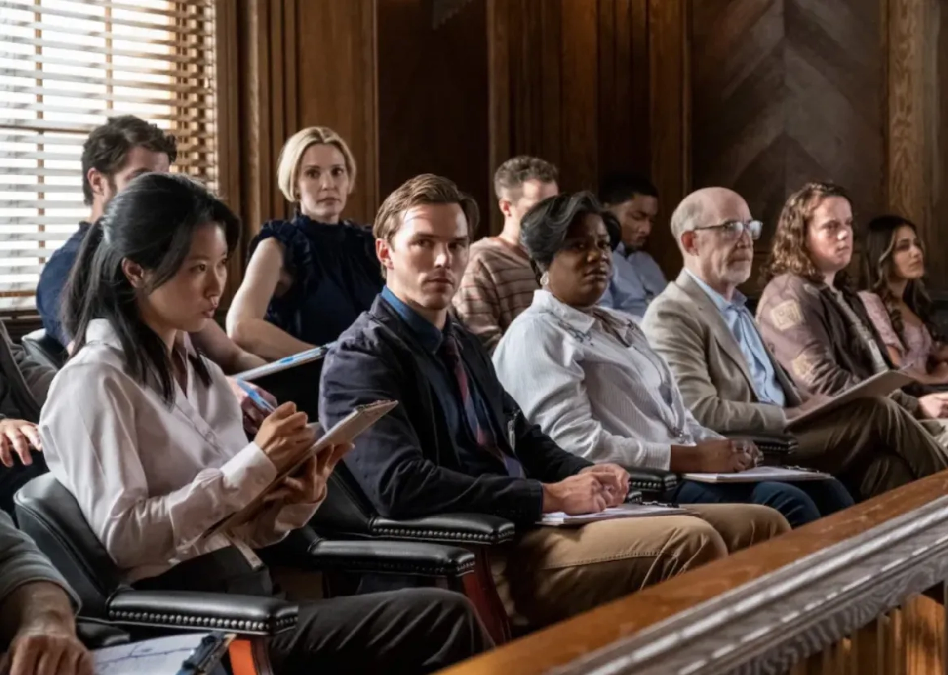 Leslie Bibb, Nicholas Hoult, J.K. Simmons, Adrienne C. Moore, Drew Scheid, Hedy Nasser, and Chikako Fukuyama in Juror #2 (2024)