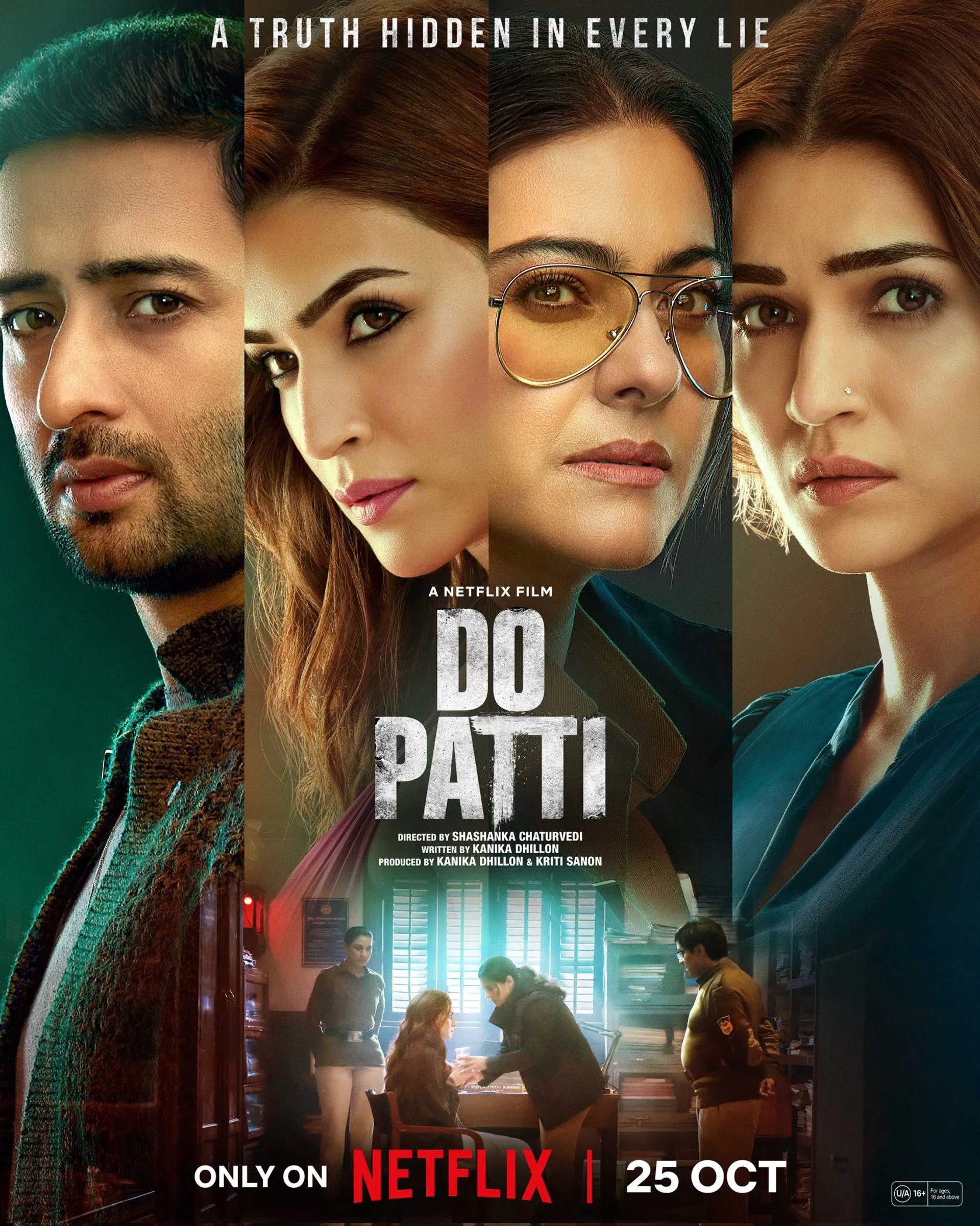 Kajol, Shaheer Sheikh, and Kriti Sanon in Do Patti (2024)