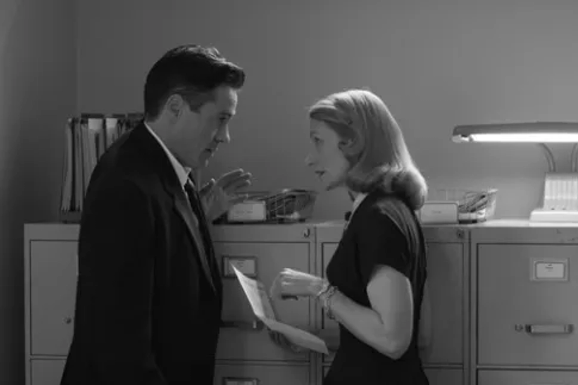 Robert Downey Jr. and Patricia Clarkson in Good Night, and Good Luck. (2005)