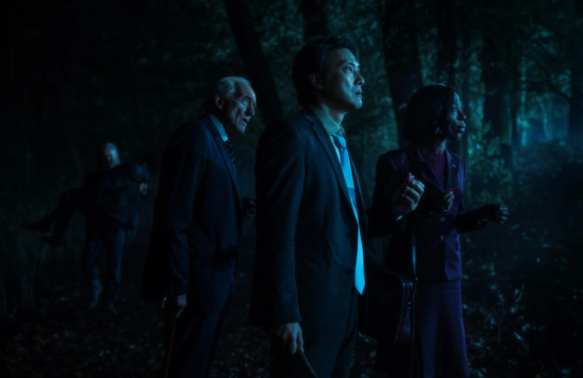 Charles Dance, Nikki Amuka-Bird, and Takehiro Hira in Rumours (2024)
