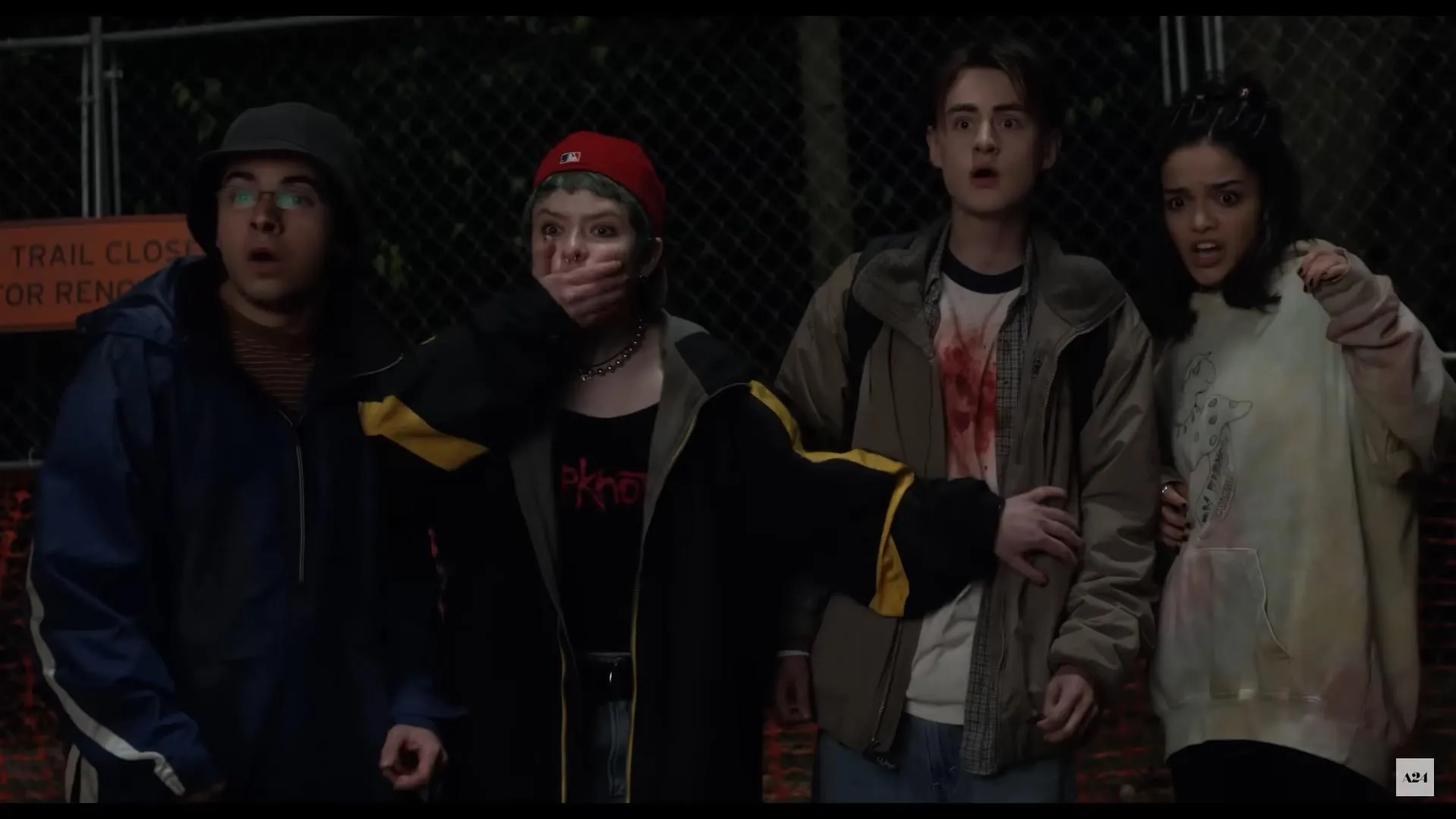 Rachel Zegler, Jaeden Martell, Daniel Zolghadri, and Lachlan Watson in Y2K (2024)