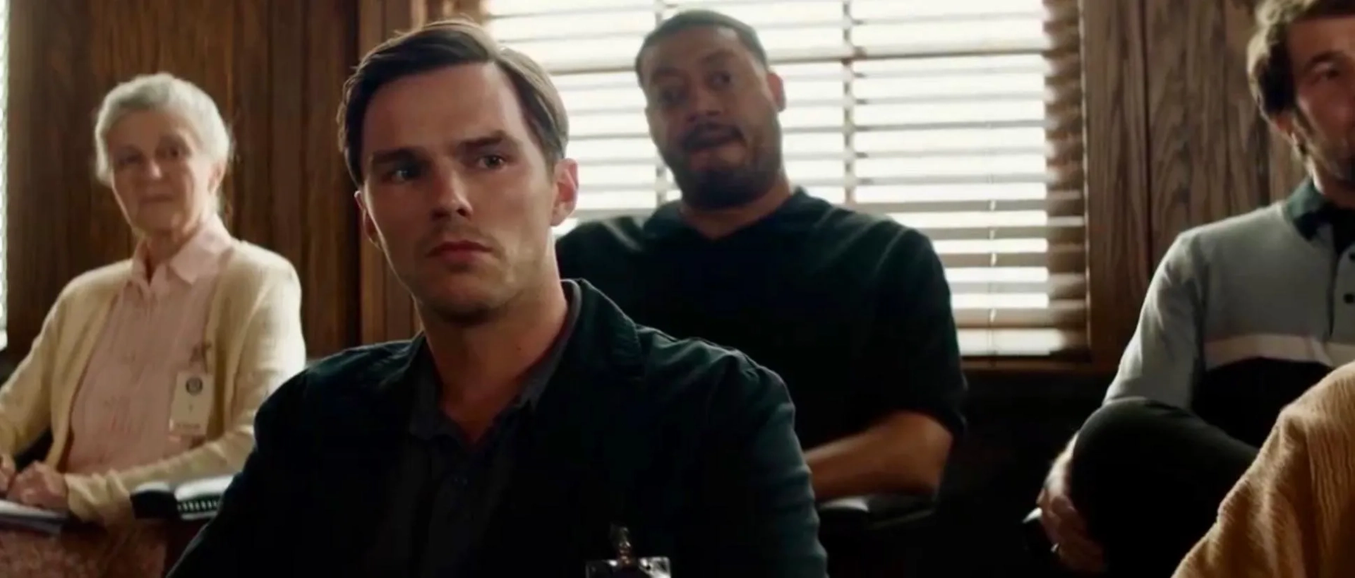 Nicholas Hoult, Rebecca Koon, and Cedric Yarbrough in Juror #2 (2024)