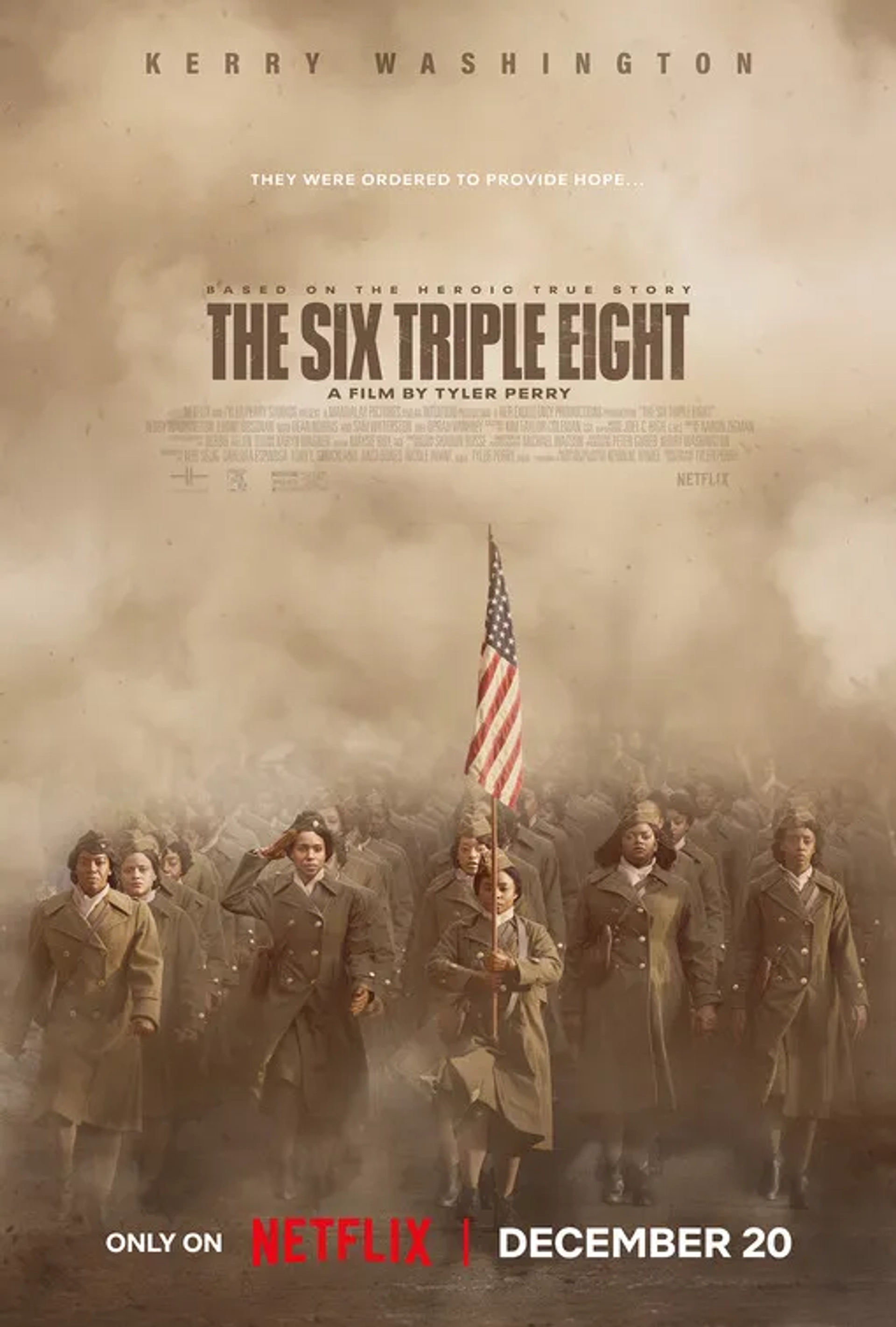 Kerry Washington, Milauna Jackson, Kylie Jefferson, Pepi Sonuga, Sarah Jeffery, Ebony Obsidian, and Shanice Shantay in The Six Triple Eight (2024)