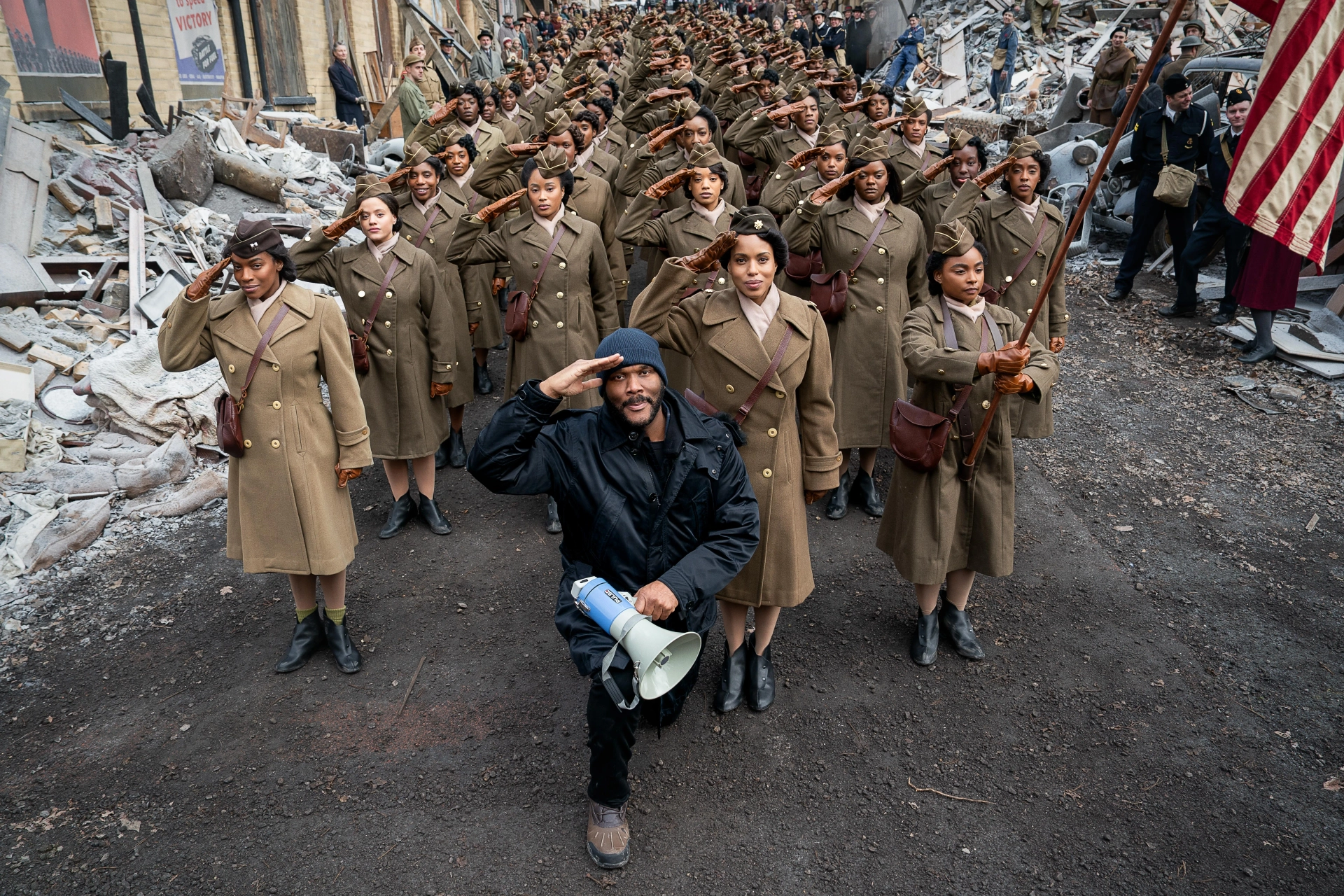 Kerry Washington, Milauna Jackson, Kylie Jefferson, Tyler Perry, Pepi Sonuga, Sarah Jeffery, Laura Radford, Ebony Obsidian, Shanice Shantay, Jeanté Godlock, and Moriah Brown in The Six Triple Eight (2024)
