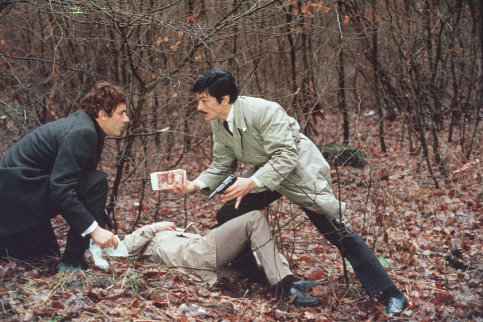 Alain Delon, Gian Maria Volontè, and Jean-Pierre Janic in The Red Circle (1970)