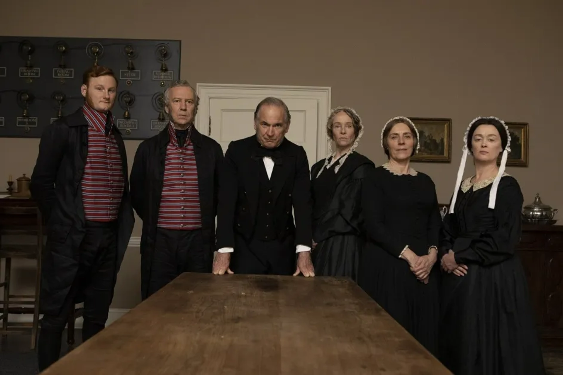 Bronagh Gallagher, Saskia Reeves, Paul Ritter, Martin Bishop, Penny Layden, and Jack Shalloo in Belgravia (2020)