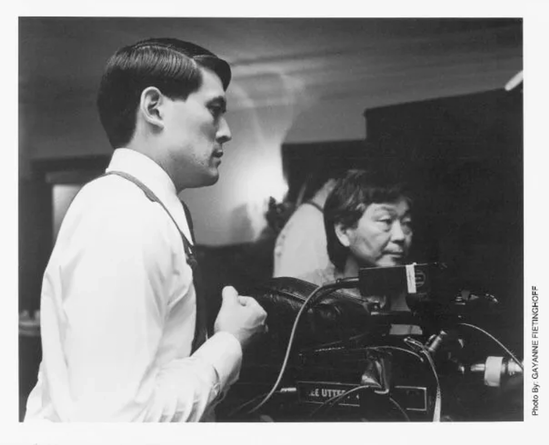 Actor/Director Chris Tashima and Cinematographer Hiro Narita, ASC - onset shooting "Visas and Virtue" (1997)