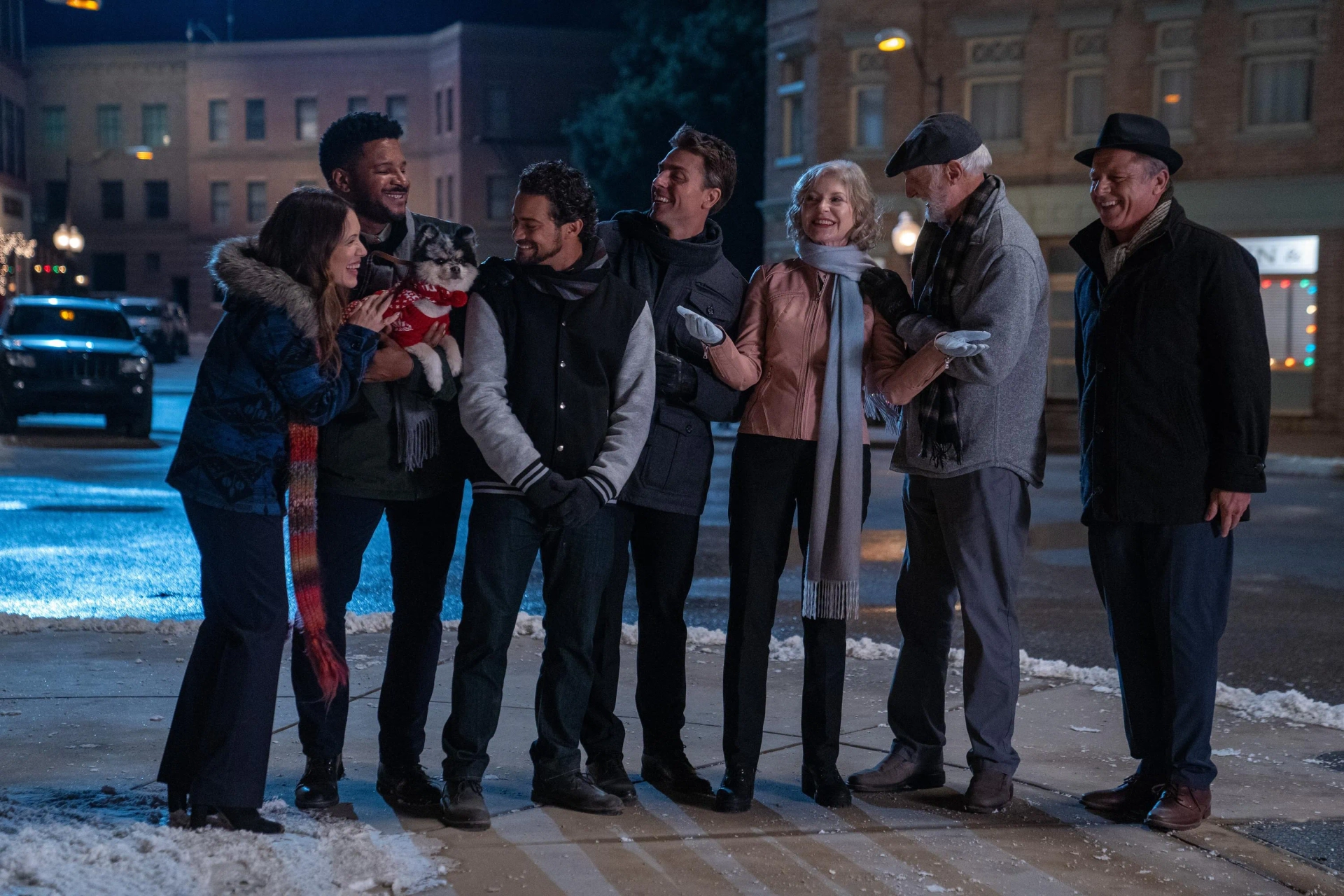 Maxwell Caulfield, Marla Sokoloff, Beth Broderick, Michael Gross, Marc Anthony Samuel, Gizmo Nolan, Colt Prattes, and Hector David Jr. in The Merry Gentlemen (2024)