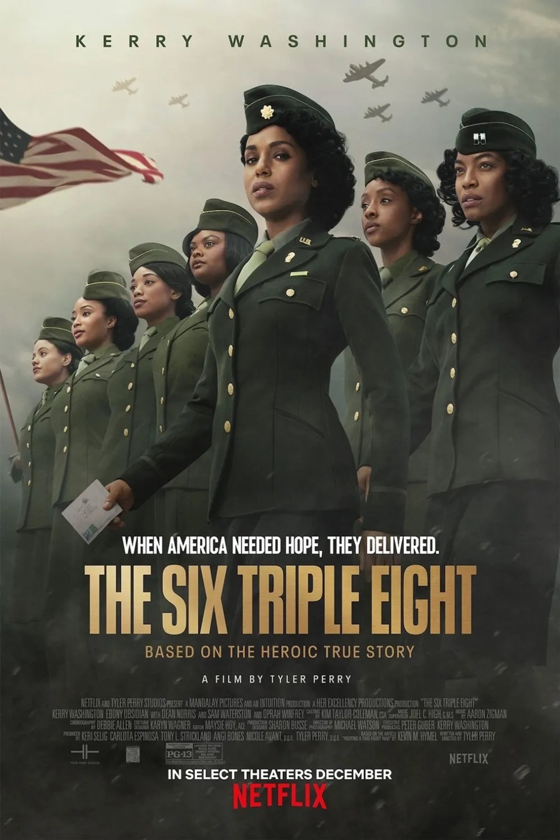 Kerry Washington, Milauna Jackson, Kylie Jefferson, Pepi Sonuga, Sarah Jeffery, Ebony Obsidian, and Shanice Shantay in The Six Triple Eight (2024)