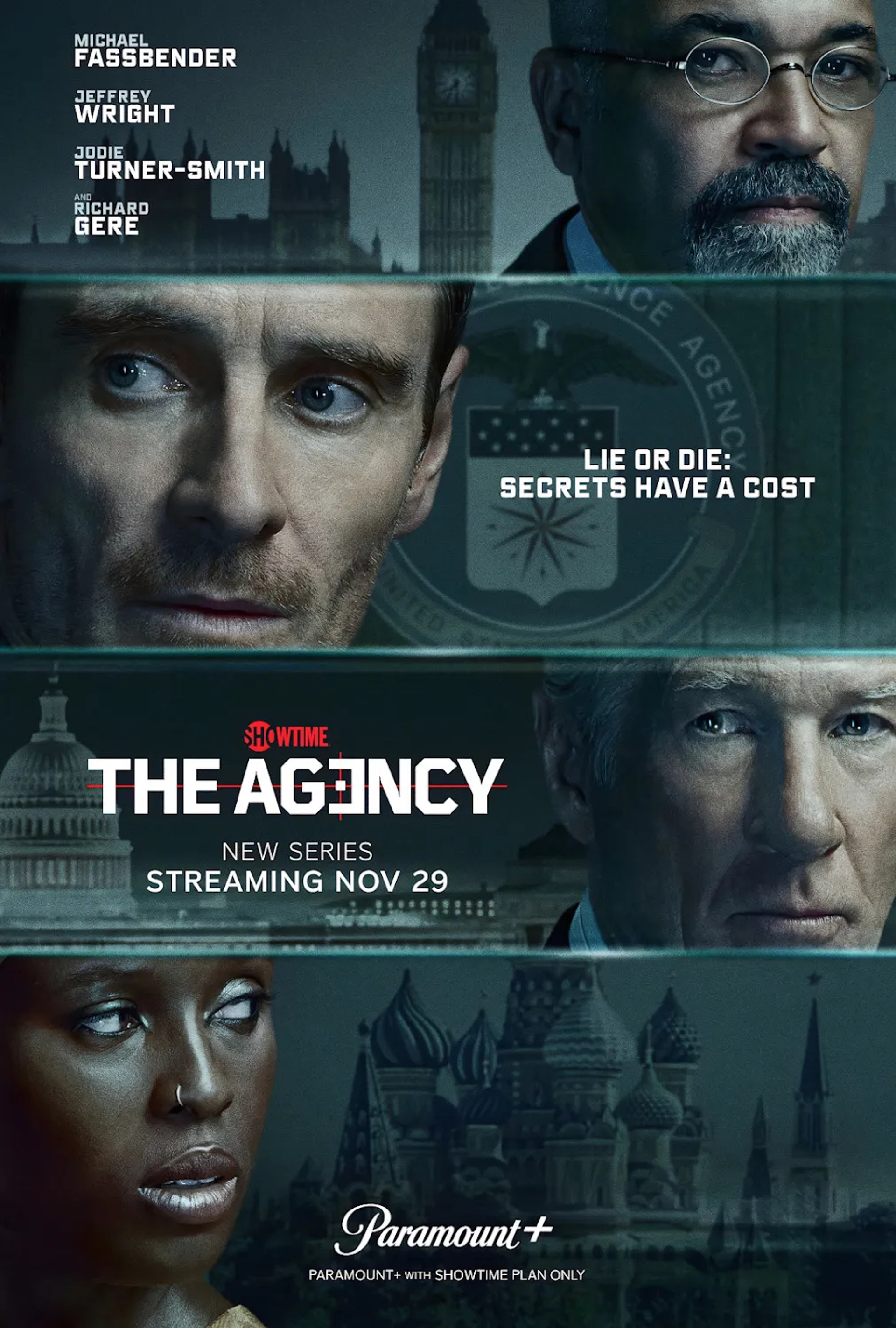 Richard Gere, Jeffrey Wright, Michael Fassbender, and Jodie Turner-Smith in The Agency (2024)