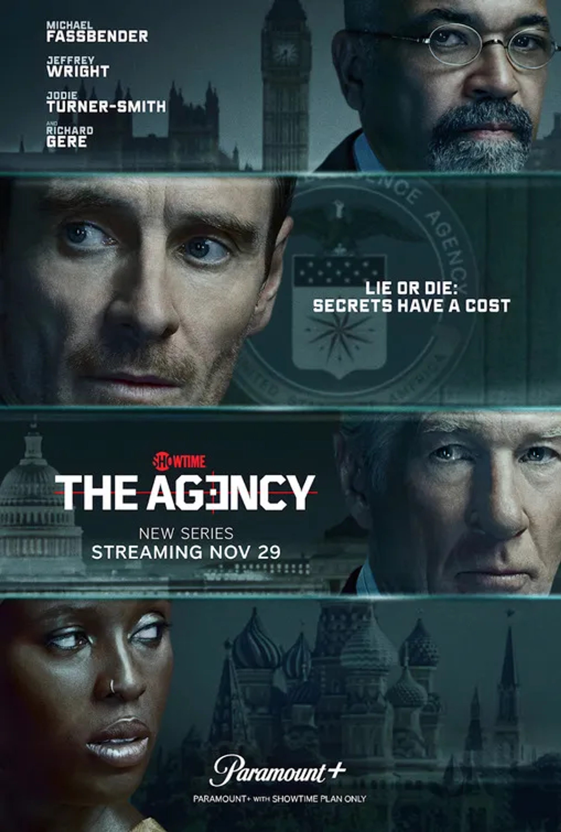 Richard Gere, Jeffrey Wright, Michael Fassbender, and Jodie Turner-Smith in The Agency (2024)
