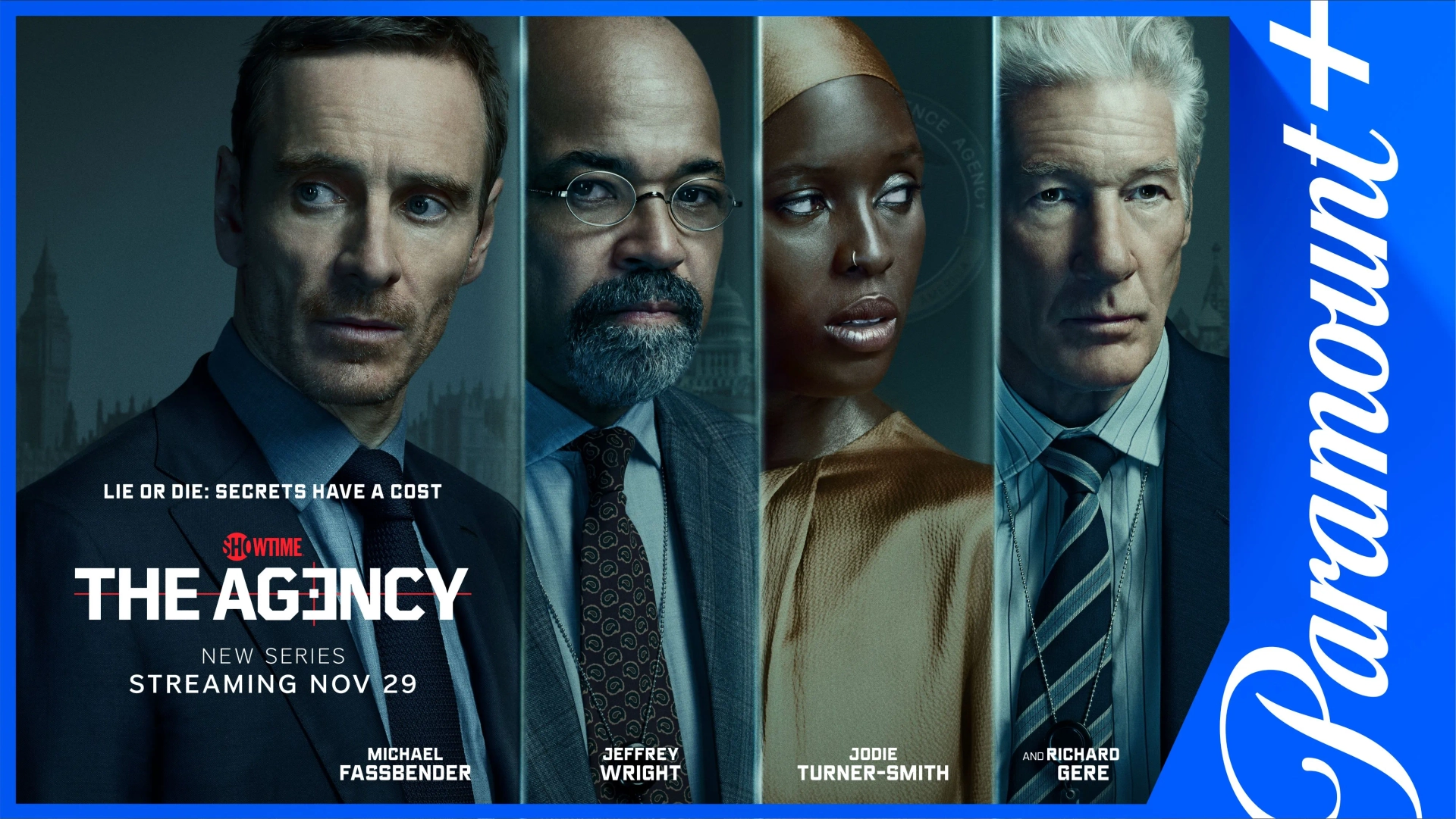 Richard Gere, Jeffrey Wright, Michael Fassbender, and Jodie Turner-Smith in The Agency (2024)