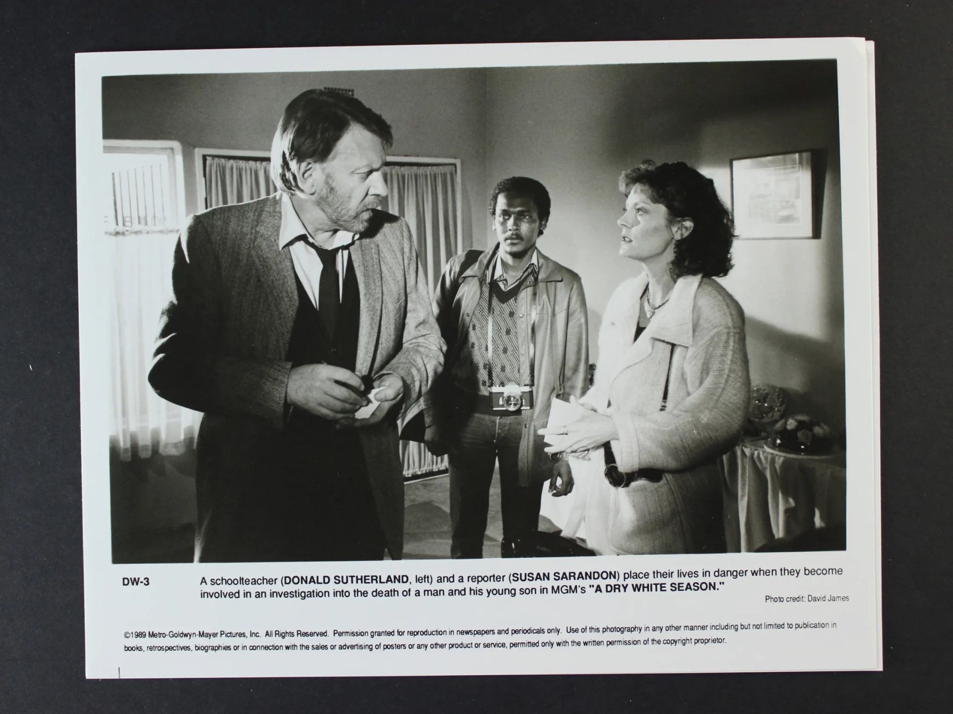 Susan Sarandon, Donald Sutherland, and Zakes Mokae in A Dry White Season (1989)