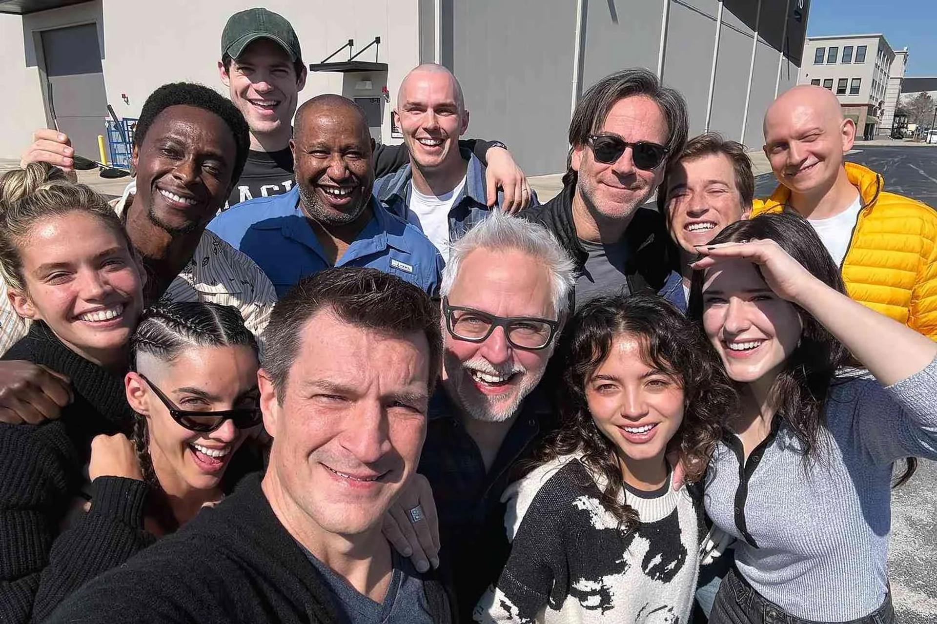 Nathan Fillion, James Gunn, Nicholas Hoult, Terence Rosemore, Peter Safran, María Gabriela de Faría, Edi Gathegi, Skyler Gisondo, Anthony Carrigan, Rachel Brosnahan, Sara Sampaio, David Corenswet, and Isabela Merced in Superman (2025)