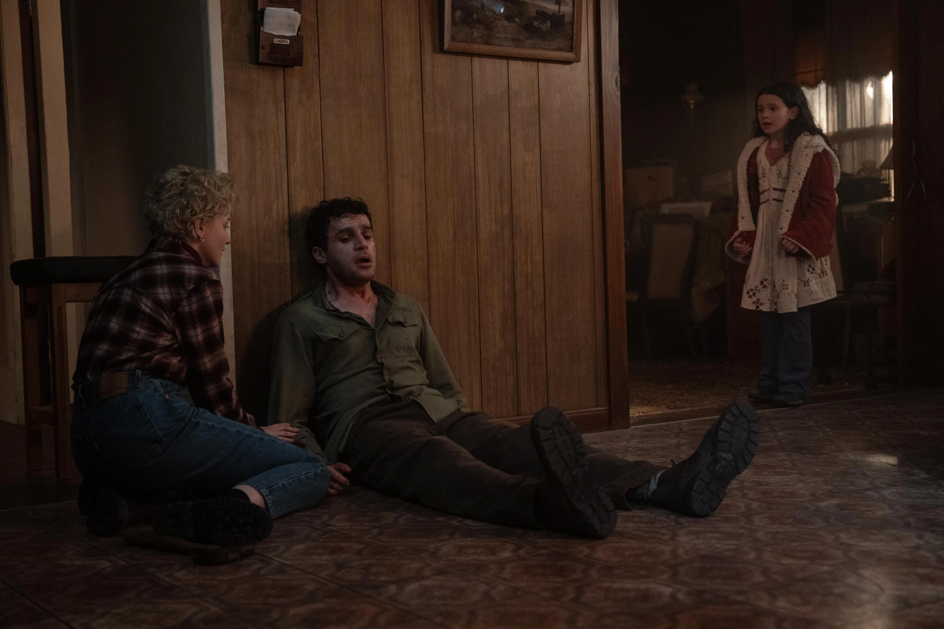 Matilda Firth, Julia Garner, and Christopher Abbott in Wolf Man (2025)