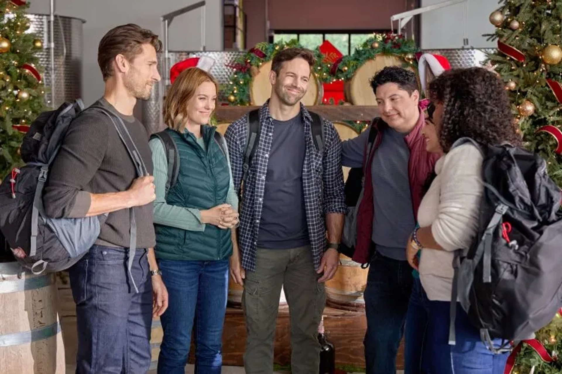 Ashley Williams, Andrew W. Walker, EaeMya ThynGi, Teana-Marie Smith, Emilio Merritt, and Brad Harder in Jingle Bell Run (2024)