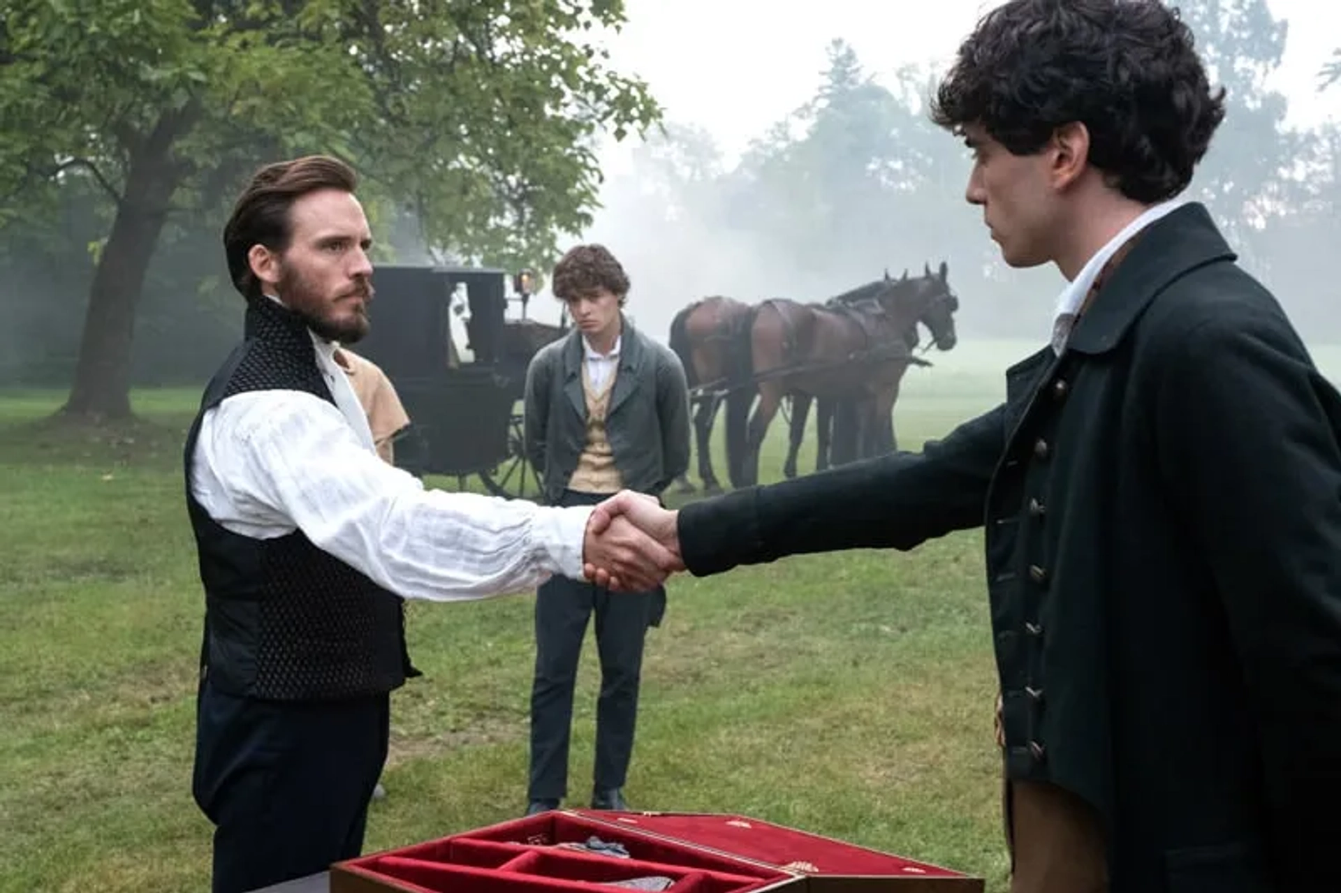 Nicolas Maupas, Robin Greer, and Sam Claflin in The Count of Monte Cristo (2024)