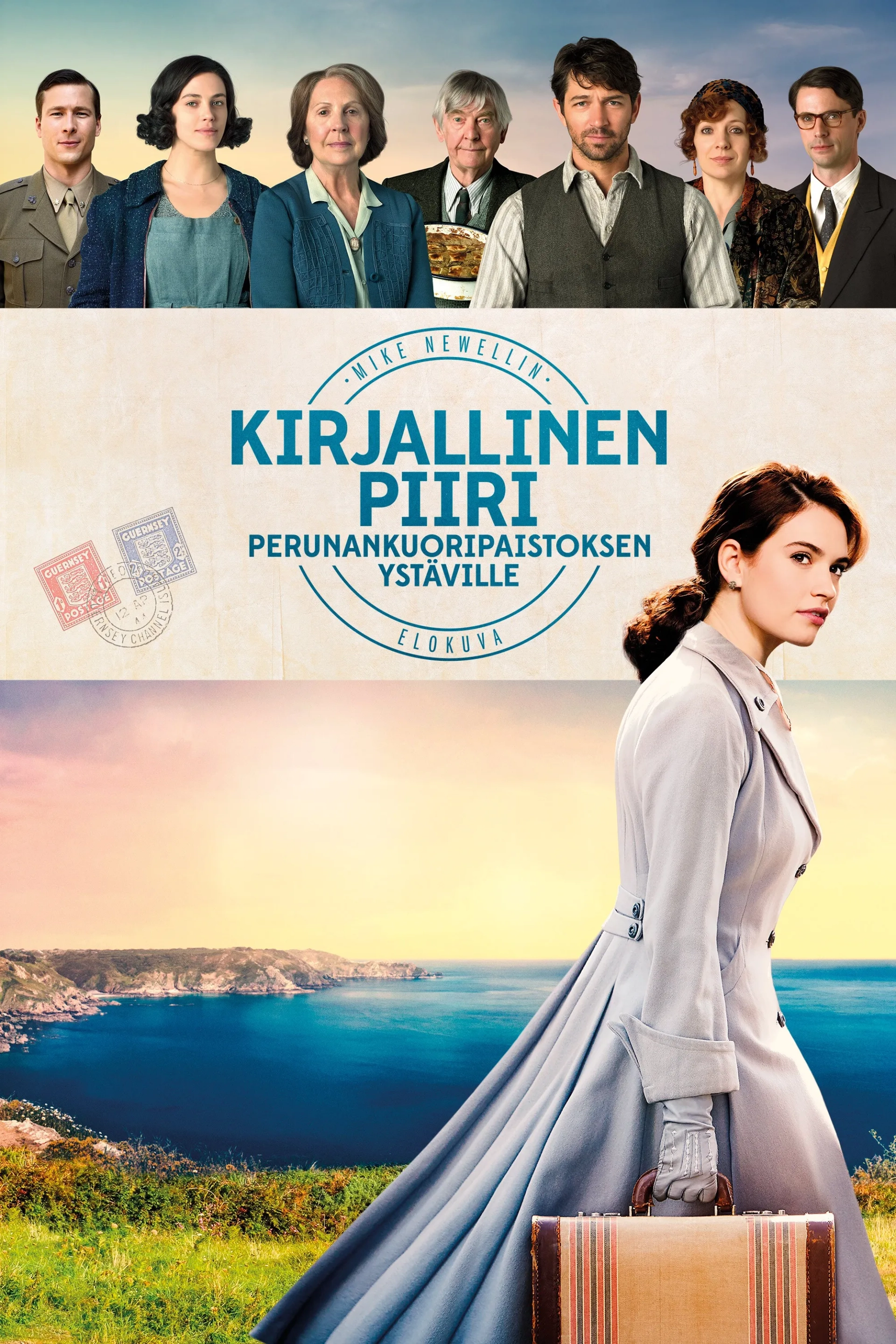 Tom Courtenay, Matthew Goode, Michiel Huisman, Penelope Wilton, Glen Powell, Katherine Parkinson, Jessica Brown Findlay, and Lily James in The Guernsey Literary and Potato Peel Pie Society (2018)