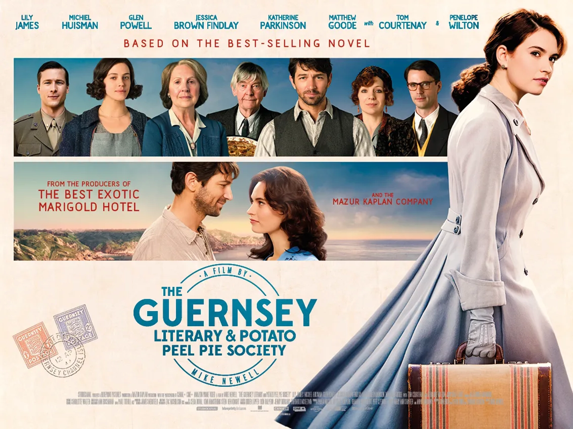 Tom Courtenay, Matthew Goode, Michiel Huisman, Penelope Wilton, Glen Powell, Katherine Parkinson, Jessica Brown Findlay, and Lily James in The Guernsey Literary and Potato Peel Pie Society (2018)