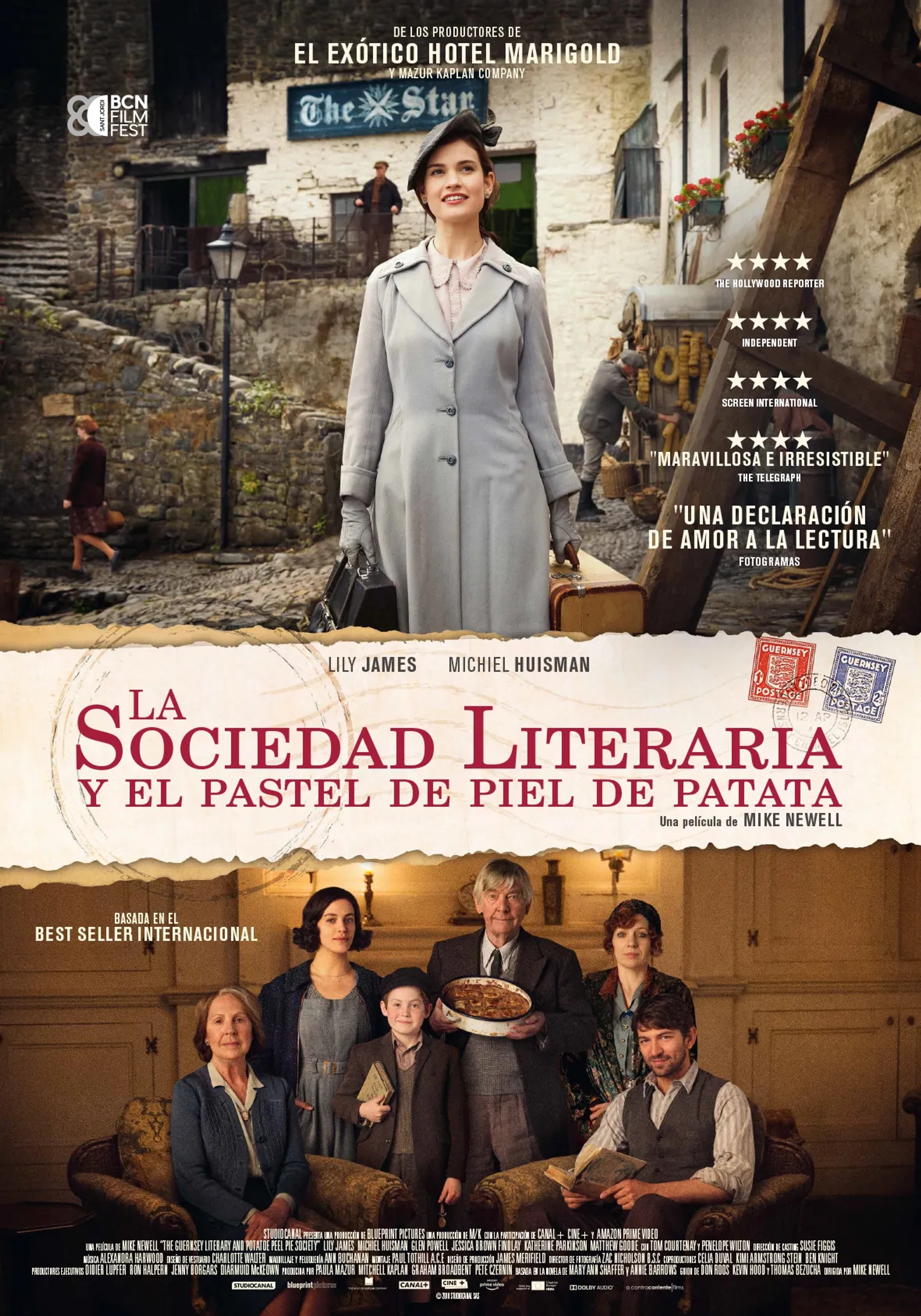 Tom Courtenay, Michiel Huisman, Penelope Wilton, Katherine Parkinson, Jessica Brown Findlay, Lily James, and Kit Connor in The Guernsey Literary and Potato Peel Pie Society (2018)