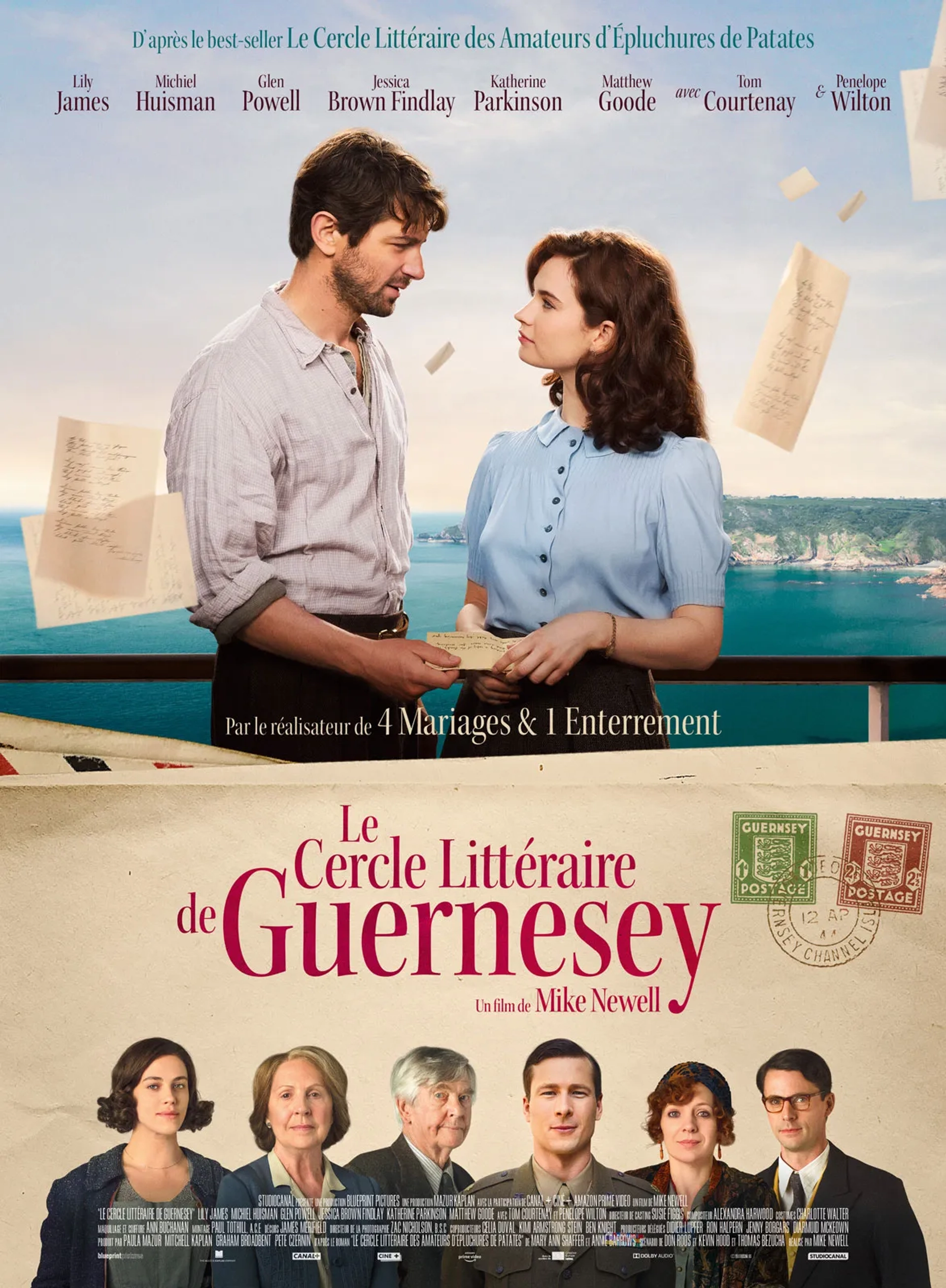 Tom Courtenay, Matthew Goode, Michiel Huisman, Penelope Wilton, Glen Powell, Katherine Parkinson, Jessica Brown Findlay, and Lily James in The Guernsey Literary and Potato Peel Pie Society (2018)