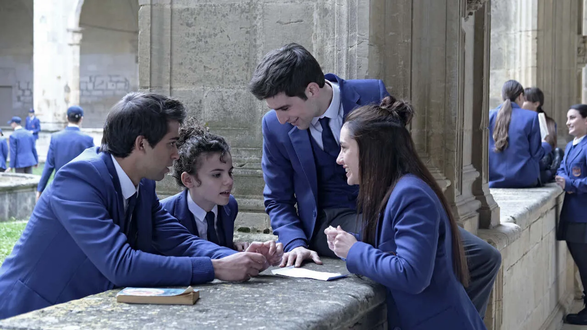 Carlos Alcaide, Asia Ortega, Albert Salazar, and Daniela Rubio in The Boarding School: Las Cumbres (2021)