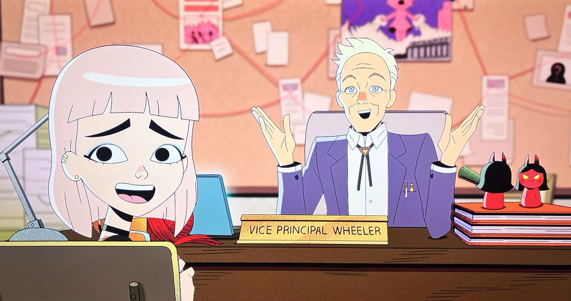 Sean Allan Krill as VP Wheeler and Ali Wong as Jentry Chau in Jentry Chau Vs. The Underworld.