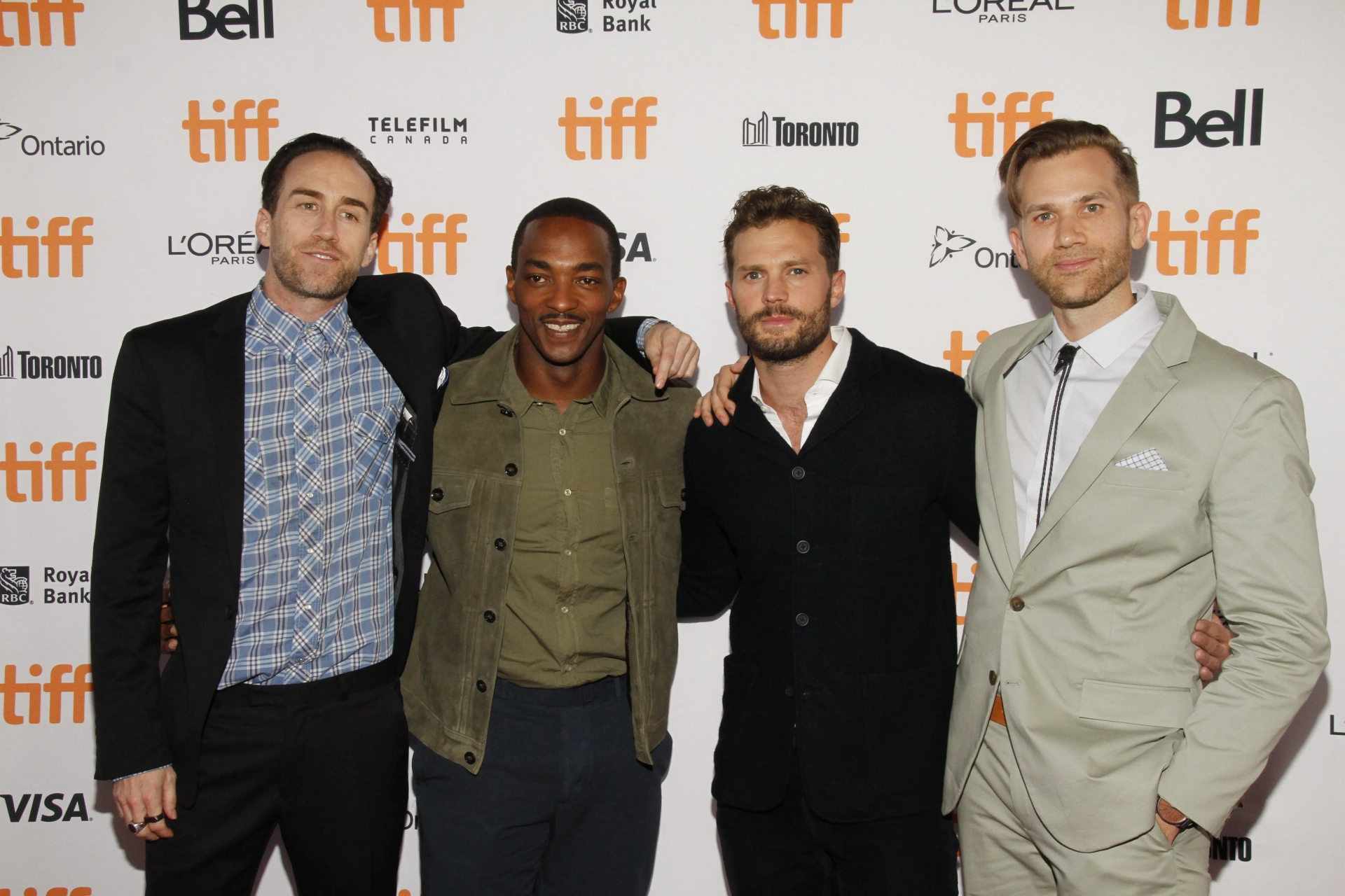 Anthony Mackie, Aaron Moorhead, Justin Benson, and Jamie Dornan at an event for Synchronic (2019)