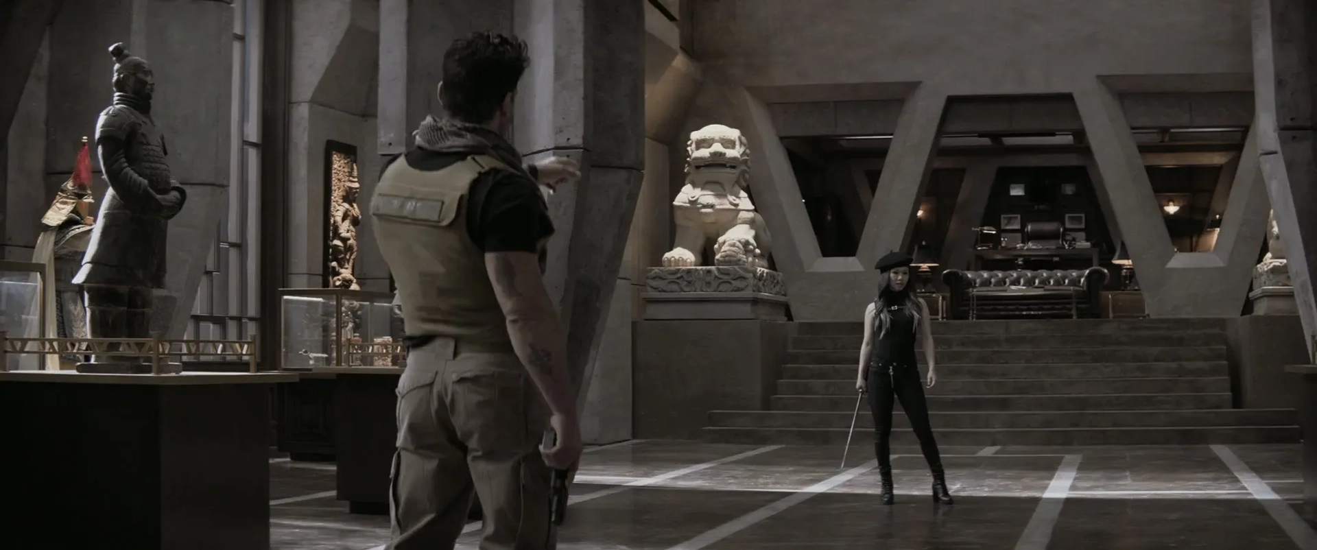 Frank Grillo and Selina Lo in Boss Level (2020)
