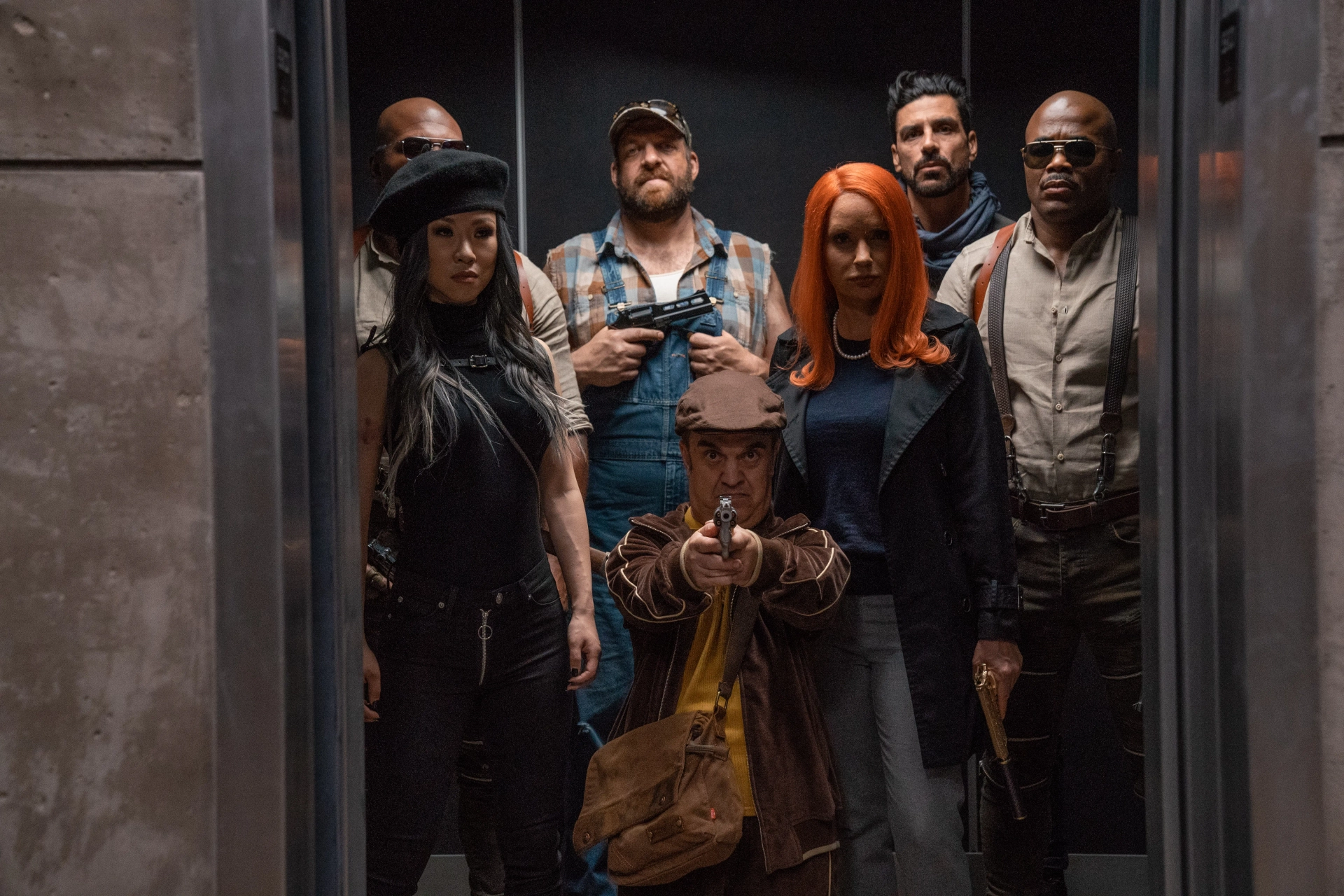 Eric Etebari, Meadow Williams, Michael Tourek, Quinton 'Rampage' Jackson, Rashad Evans, Aaron Beelner, and Selina Lo in Boss Level (2020)