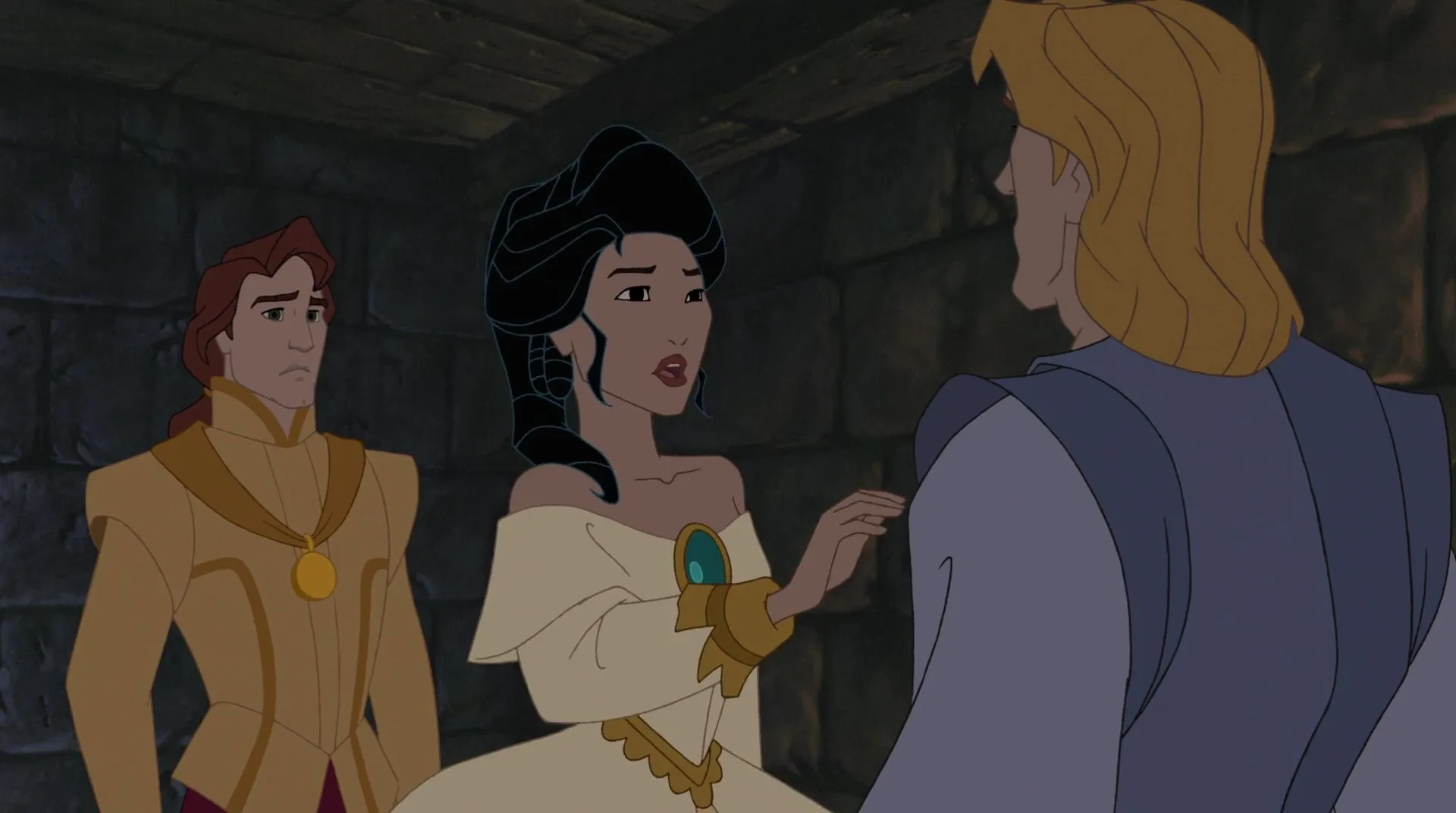 Billy Zane, Irene Bedard, and Donal Gibson in Pocahontas 2: Journey to a New World (1998)