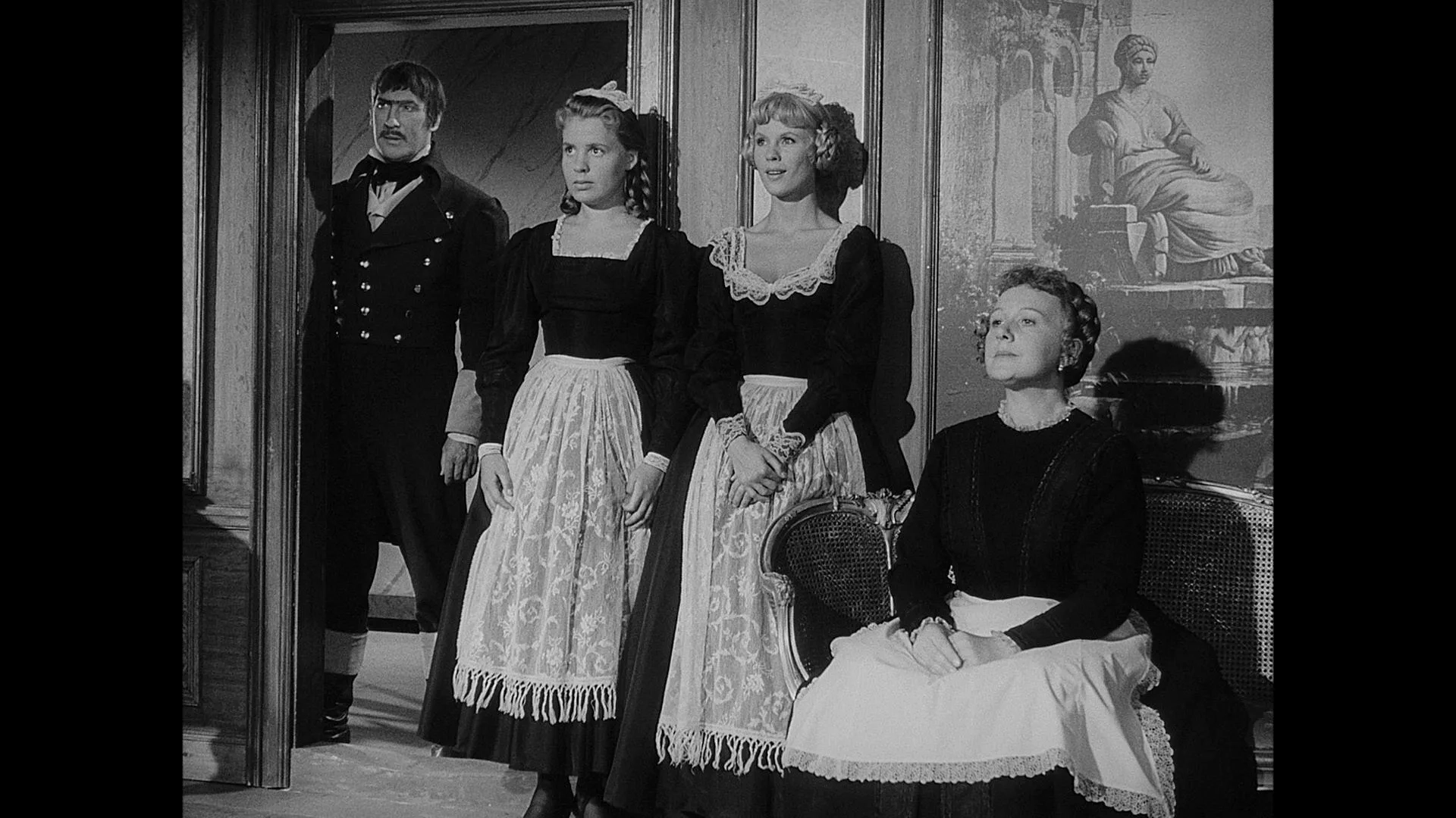Bibi Andersson, Oscar Ljung, Birgitta Pettersson, and Sif Ruud in The Magician (1958)