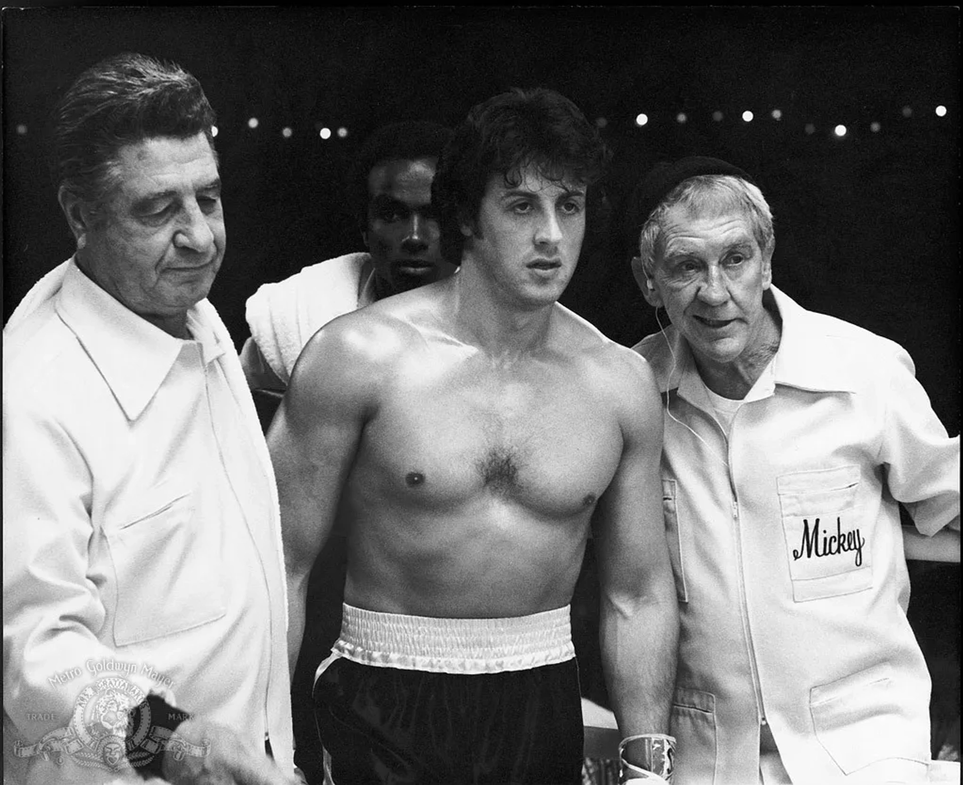Sylvester Stallone, Shaka Cumbuka, Burgess Meredith, and Al Silvani in Rocky II (1979)
