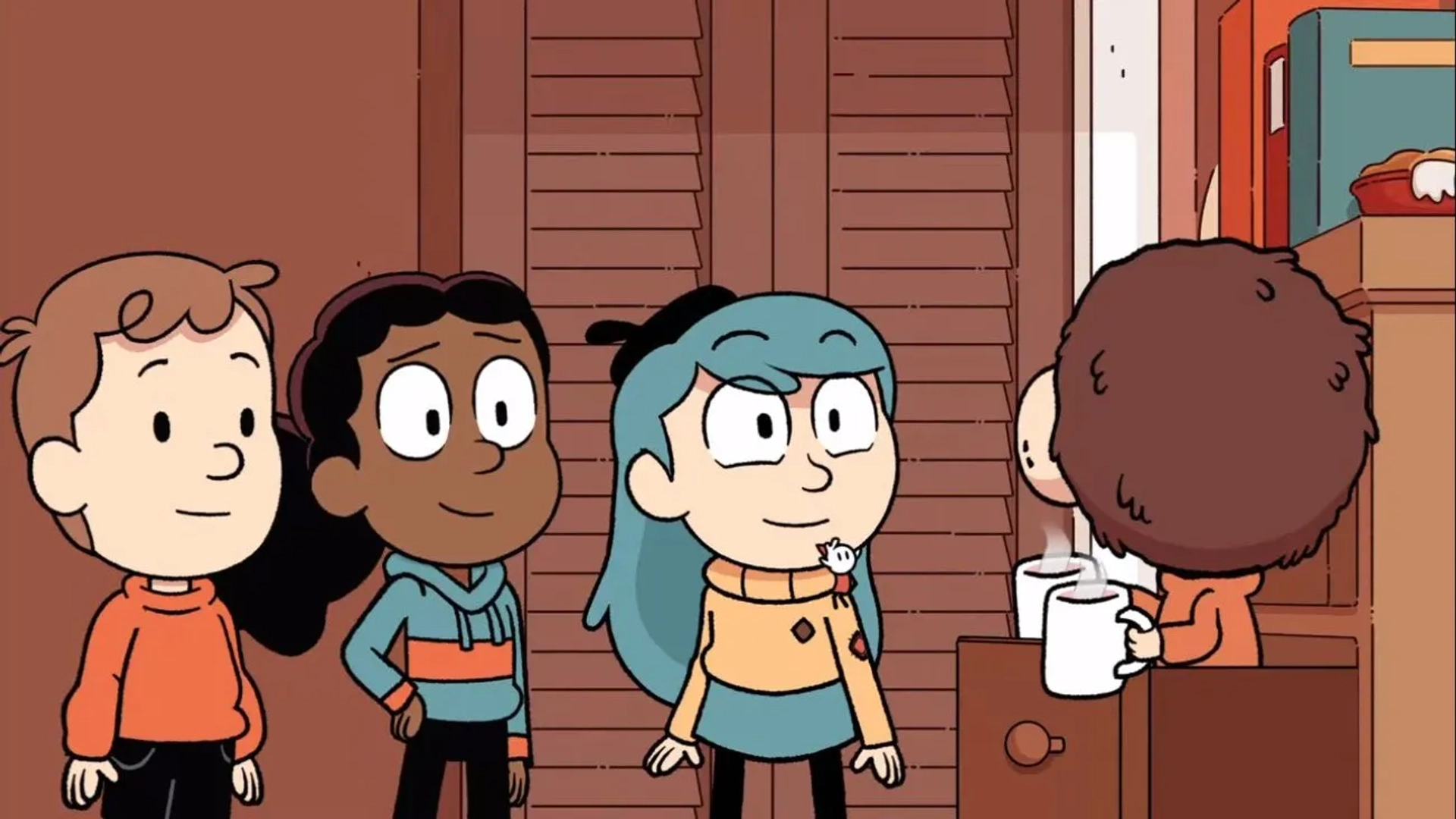 Simon Greenall, Rasmus Hardiker, Ameerah Falzon, Bella Ramsey, and Oliver Nelson in Hilda (2018)