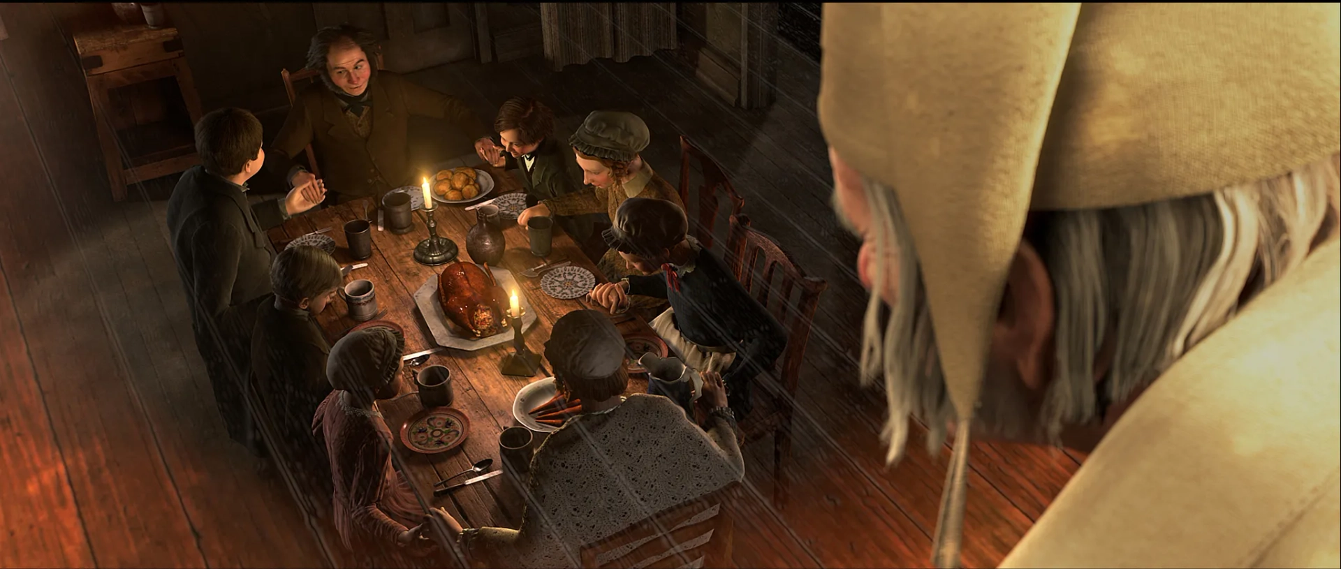 Jim Carrey, Gary Oldman, Lesley Manville, Fay Masterson, Molly C. Quinn, Daryl Sabara, Samantha Hanratty, Ryan Ochoa, and Sage Ryan in A Christmas Carol (2009)