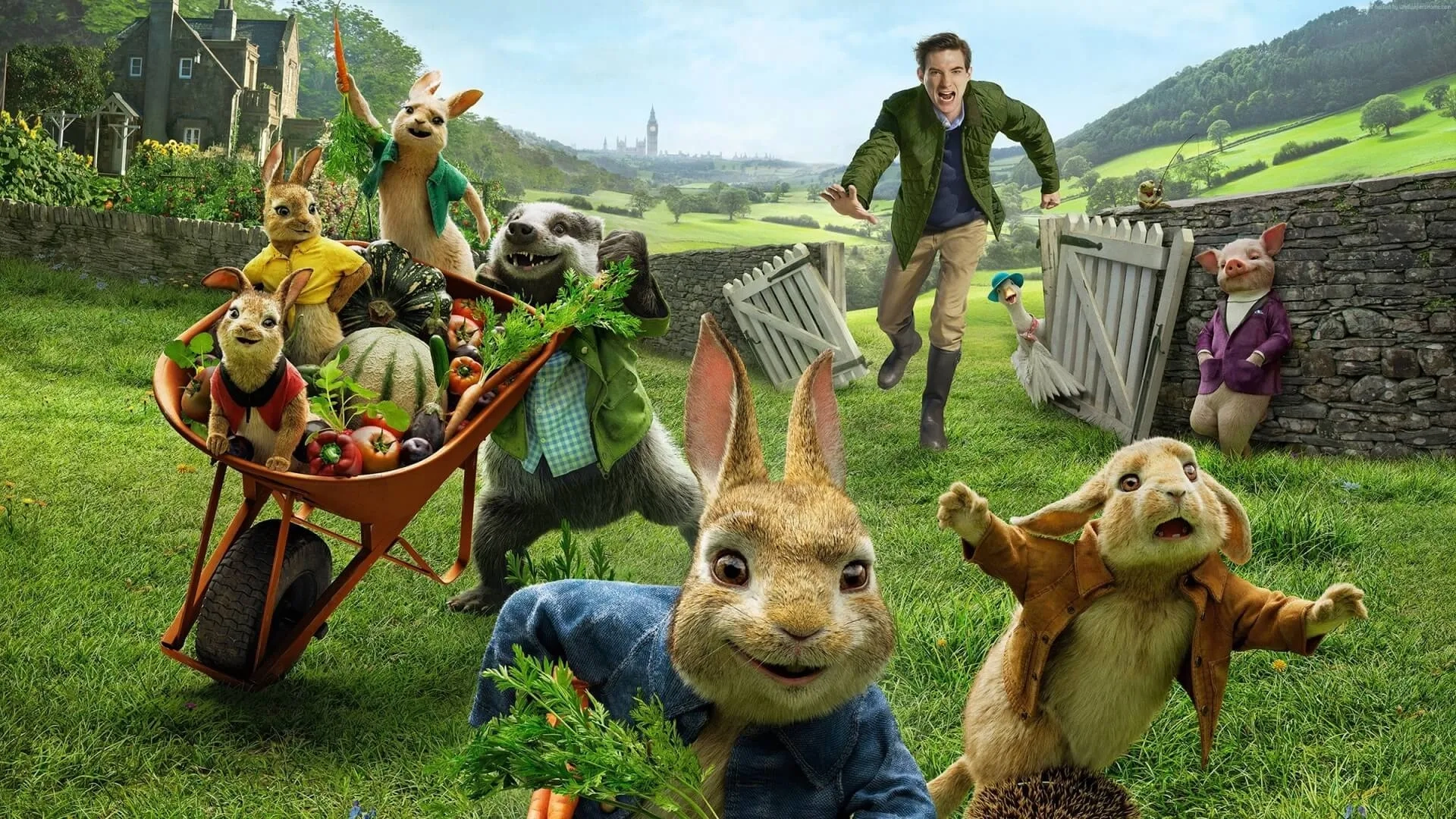 James Corden, Colin Moody, Domhnall Gleeson, Margot Robbie, Elizabeth Debicki, and Daisy Ridley in Peter Rabbit (2018)