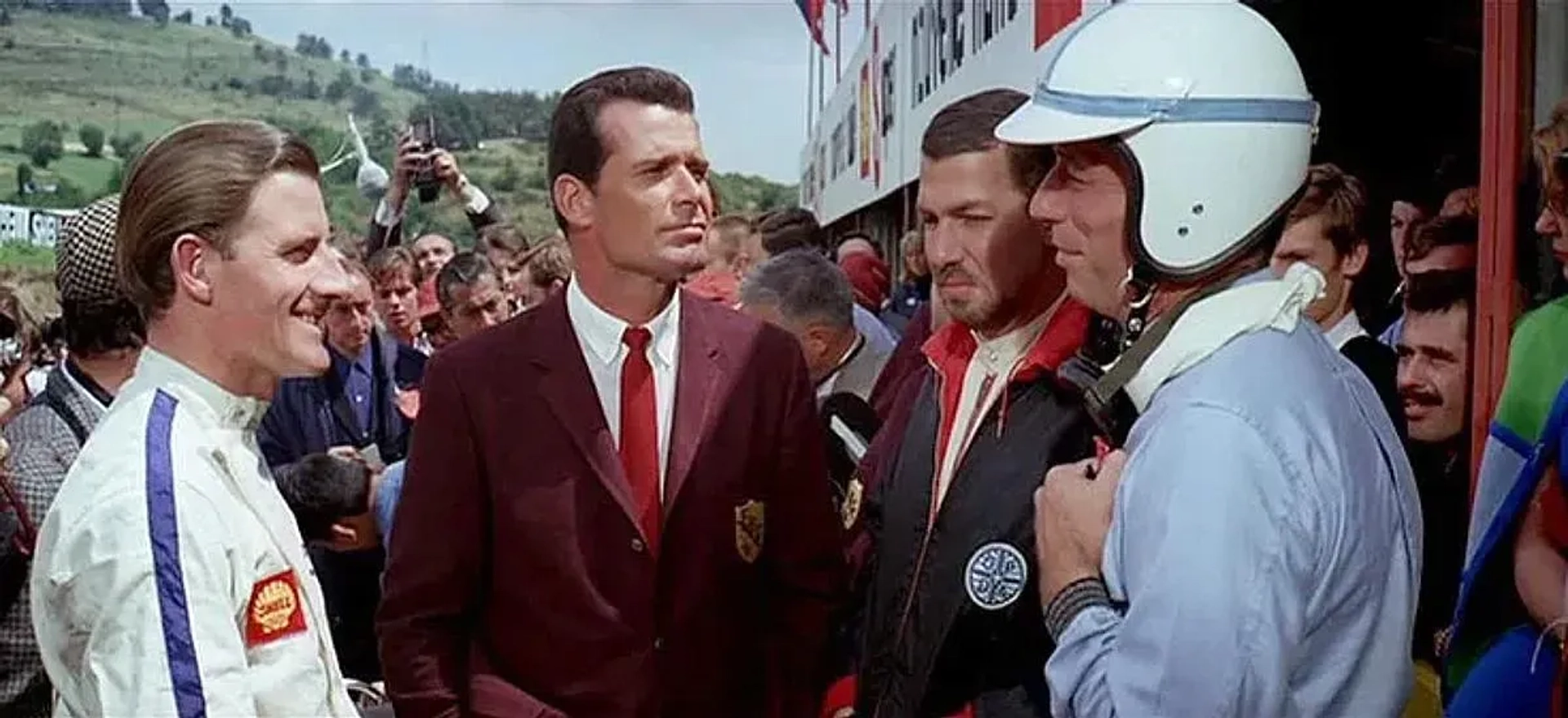 James Garner, Joakim Bonnier, Graham Hill, and Yves Montand in Grand Prix (1966)